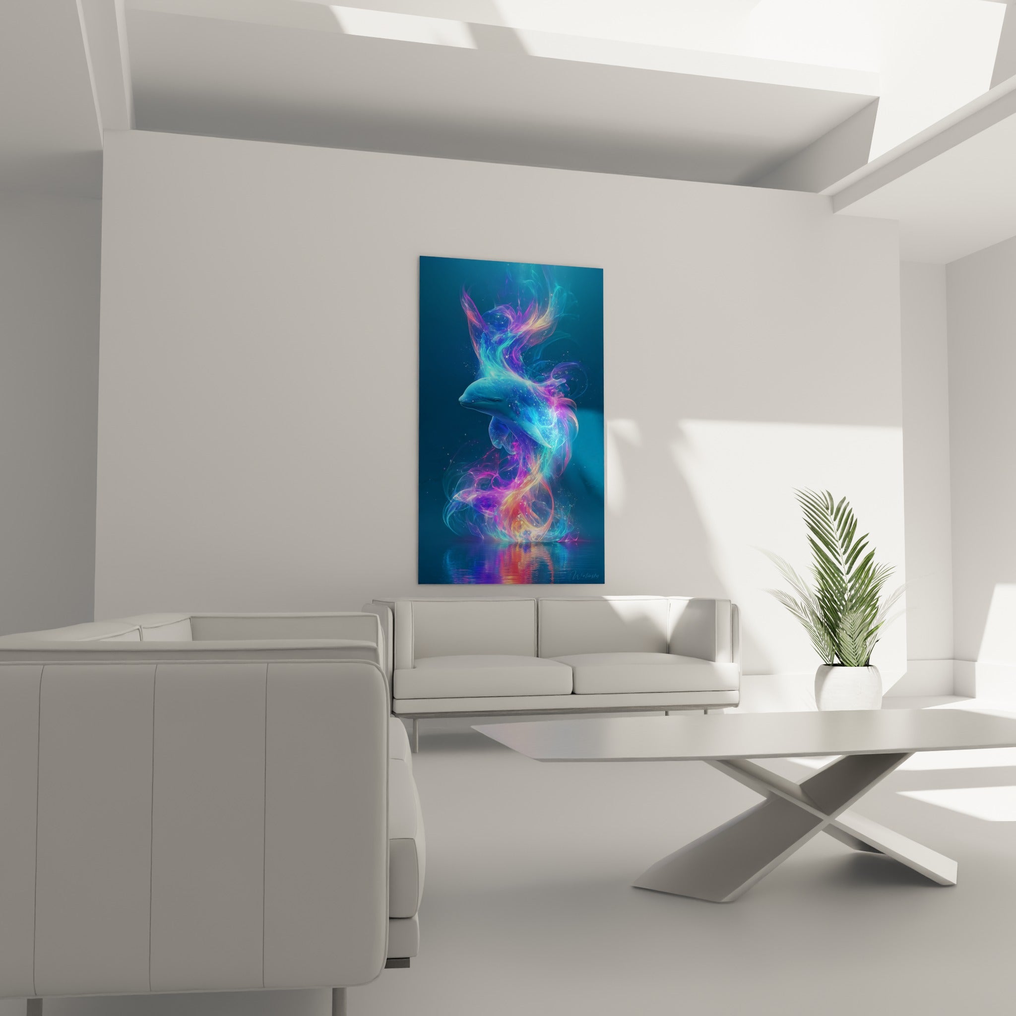 Dauphin lumineux bleu nuit et fuchsia traversé de fumées colorées, au-dessus d'un canapé dans un salon lumineux