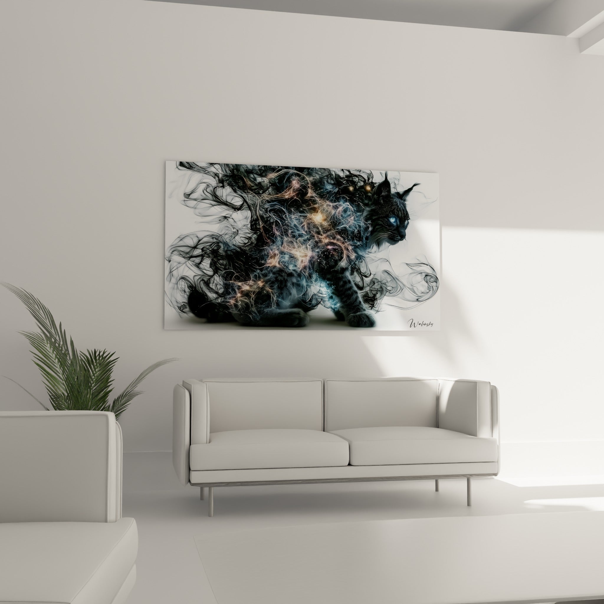 Silhouette de lynx fumée noire aux reflets dorés et bleu pastel, au-dessus d'un canapé dans un salon lumineux