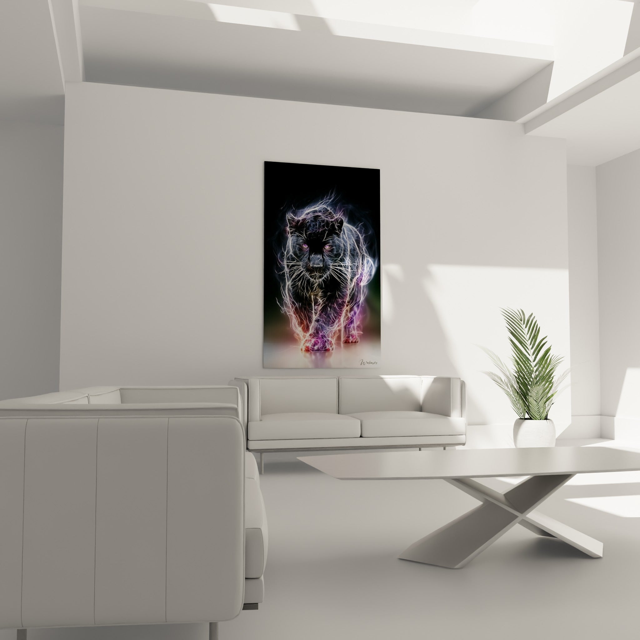 Panthère aux filaments lumineux violets et roses au-dessus d'un canapé dans un salon lumineux