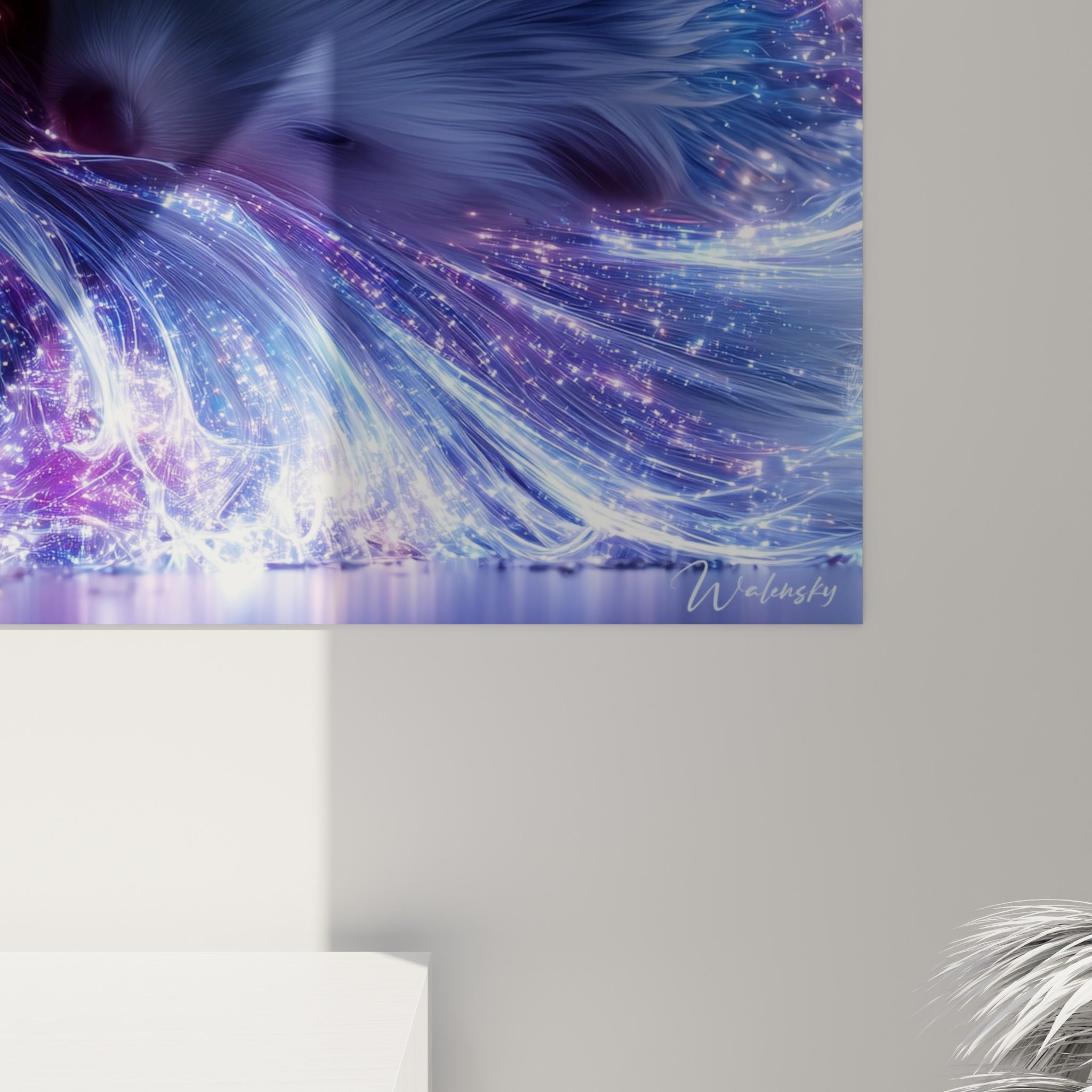 Filaments lumineux bleu marine et violets se croisant en gros grain scintillant autour du museau du renard