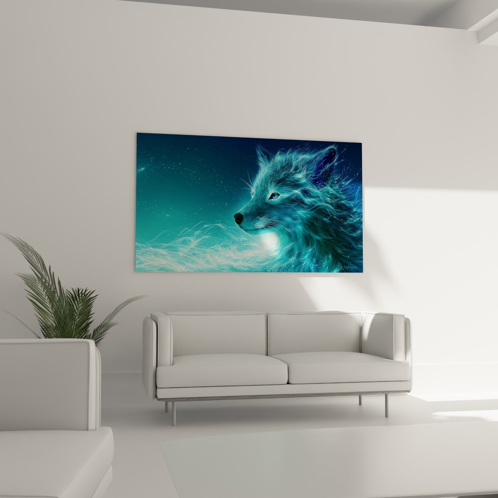 Fourrure lumineuse bleu nuit et turquoise d'un loup spectral au-dessus d'un canapé dans un salon lumineux