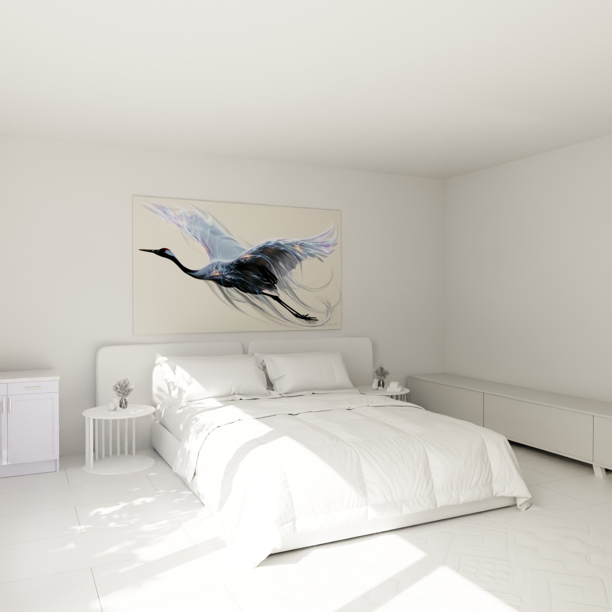 Silhouette de grue dorée et anthracite en plein envol, au-dessus d'un lit dans une chambre claire