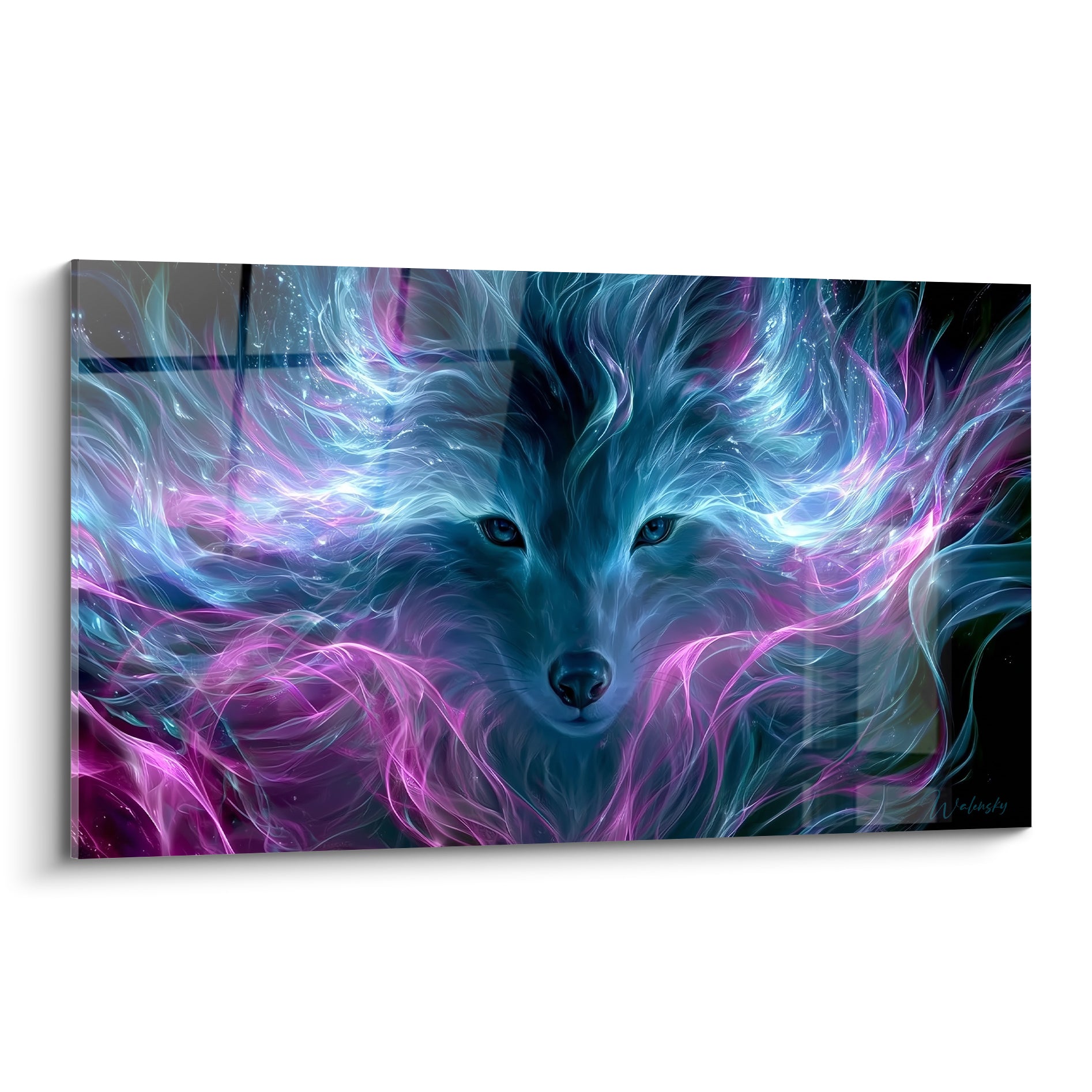 Loup spectral aux yeux perçants, mèches bleu turquoise et violet magenta sur fond sombre