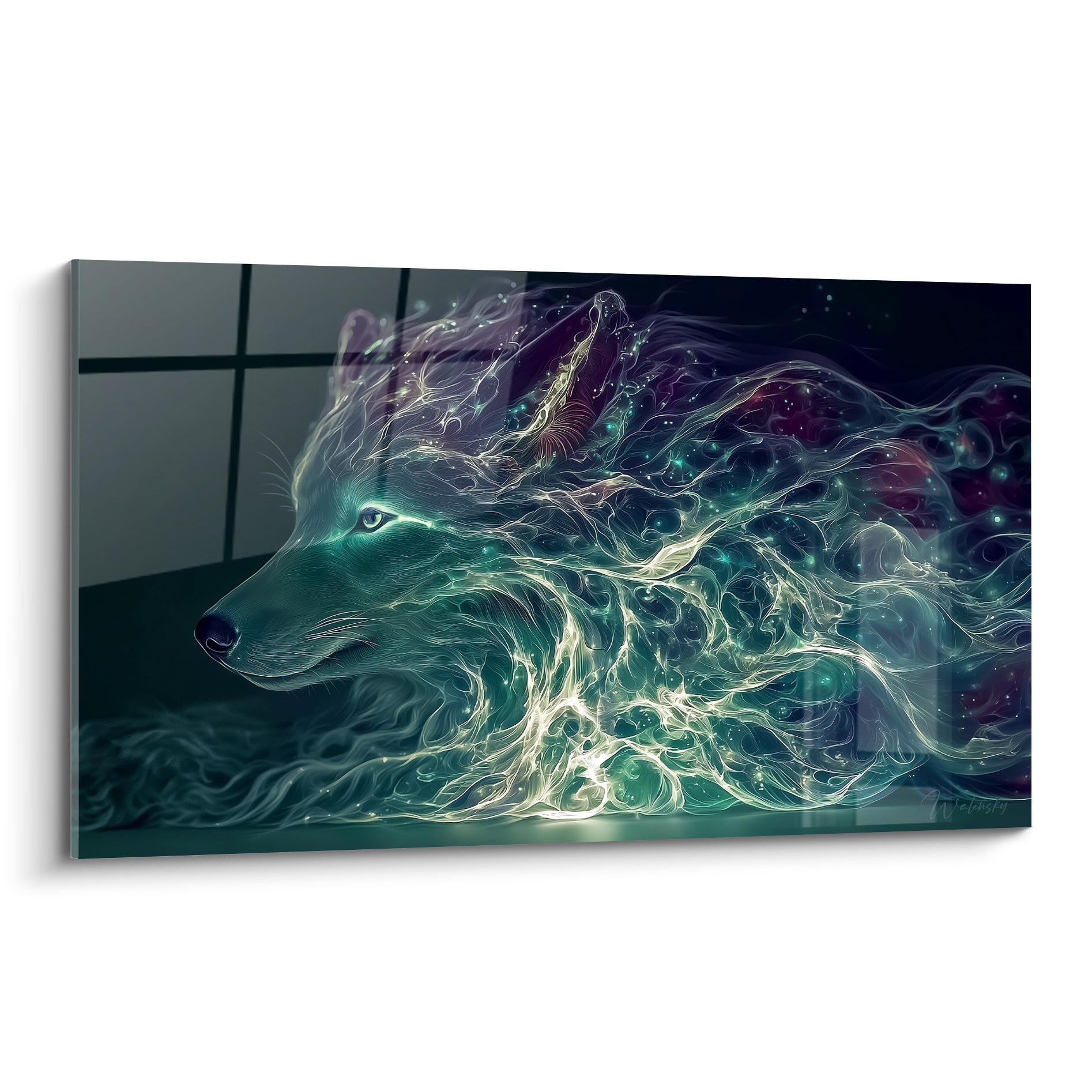 Loup spectral au profil émeraude et pourpre, volutes lumineuses sur fond étoilé noir