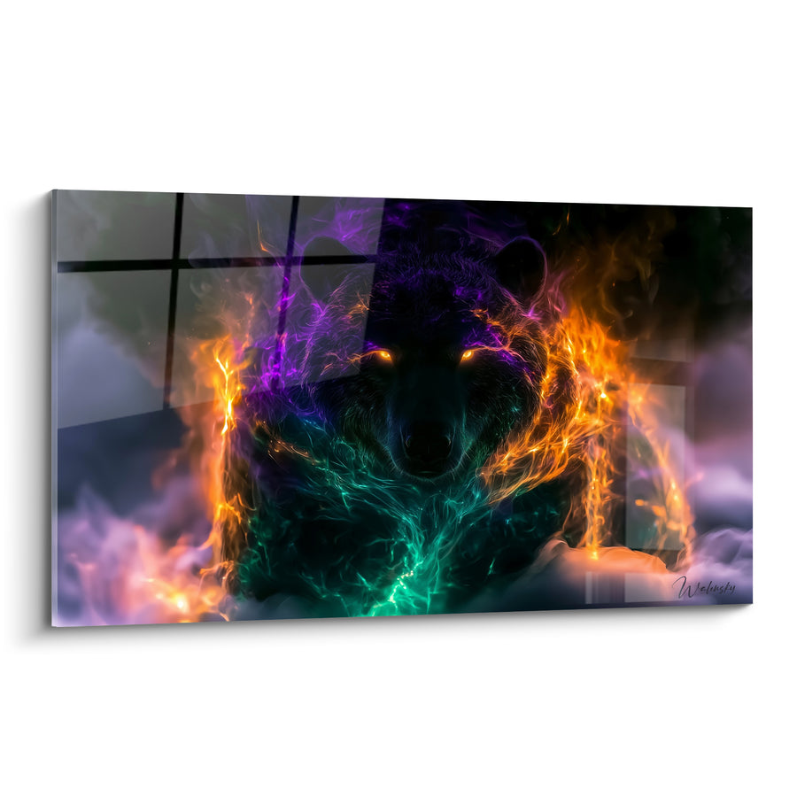 Black Wolf with Orange and Turquoise Flames Painting - Guardian of Flames - Spectral Animals Edition