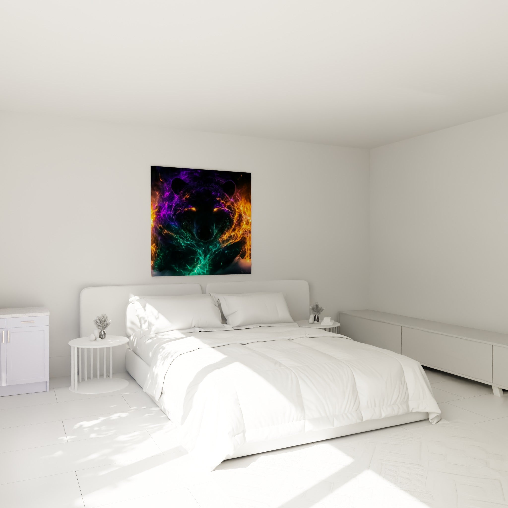 Yeux ambrés et flammes violettes du loup spectral au-dessus d'un lit dans une chambre claire