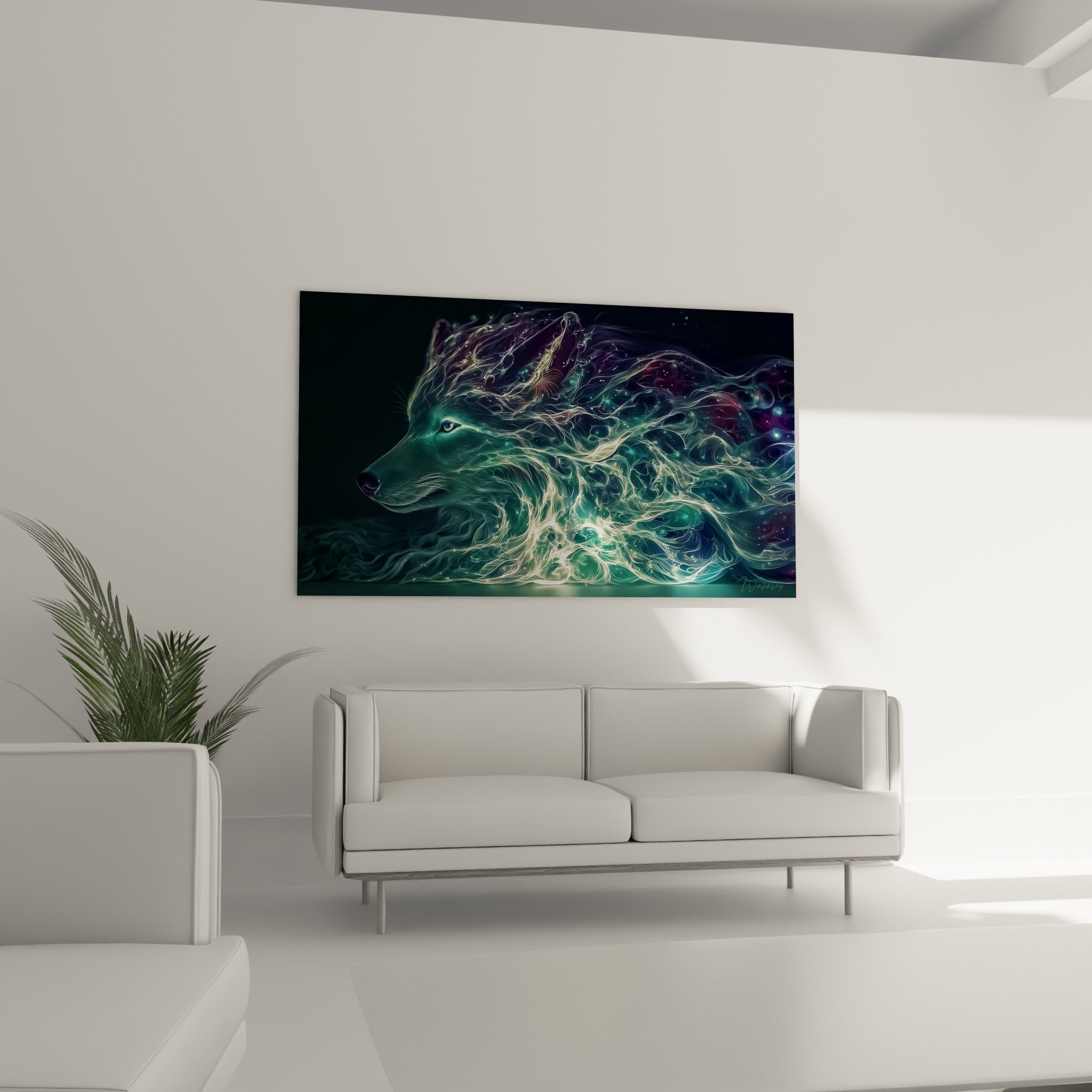 Créature fantomatique turquoise et anthracite formant un loup, au-dessus d'un canapé dans un salon lumineux