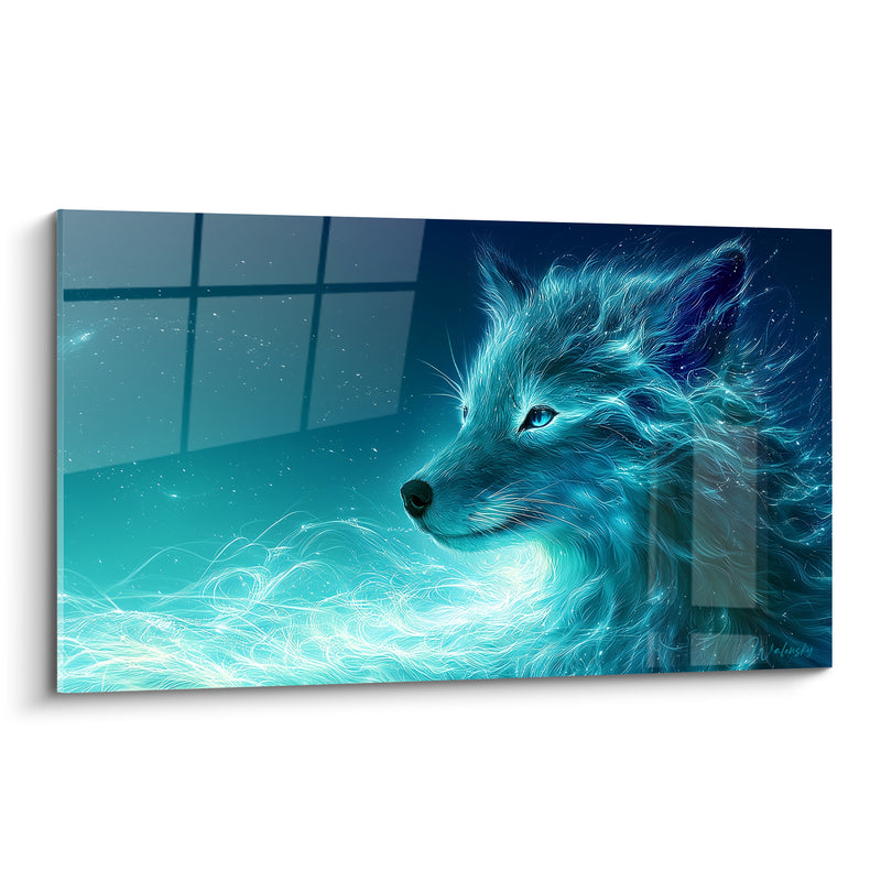 Tableau Loup turquoise à la fourrure lumineuse - Veille nocturne - Edition Animaux spectraux