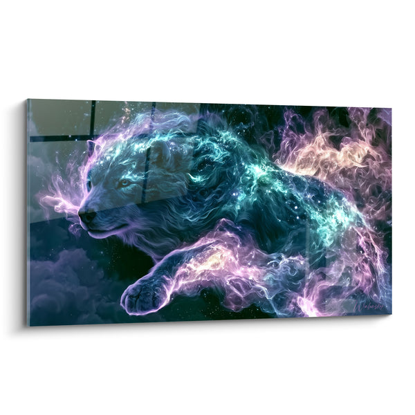 Cuadro Lobo Celestial con Llamas Turquesas y Violetas - Salto Celestial - Edición Animales Espectrales