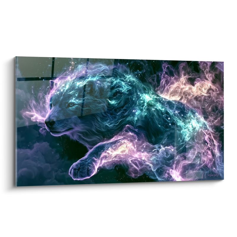 Tableau Loup céleste aux flammes turquoise et violettes - Bond céleste - Edition Animaux spectraux