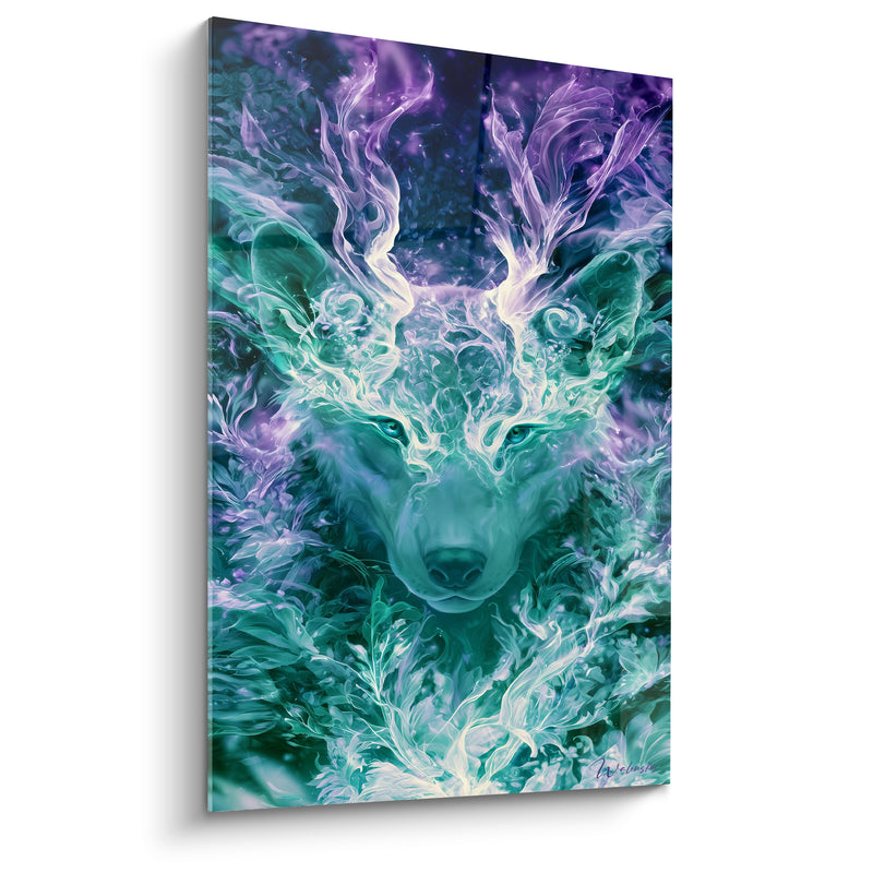 Tableau Loup turquoise aux ramures violettes - Esprit gardien - Edition Animaux spectraux