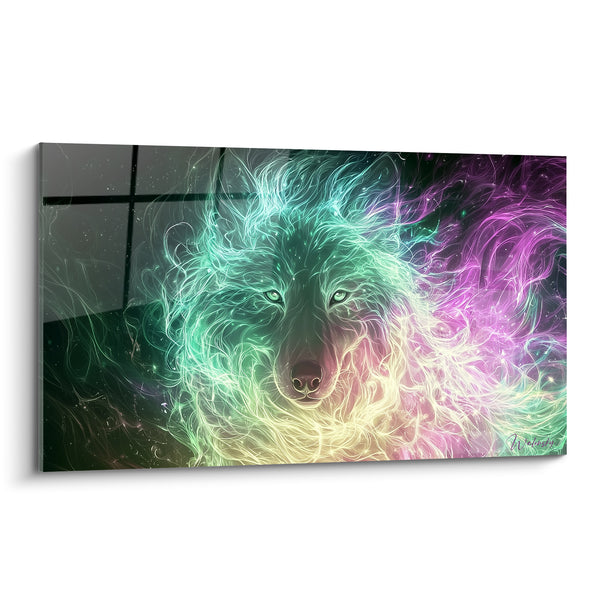 Cuadro Lobo espectral con mechas turquesa y violeta - Presencia sobrenatural - Edición Animales espectrales