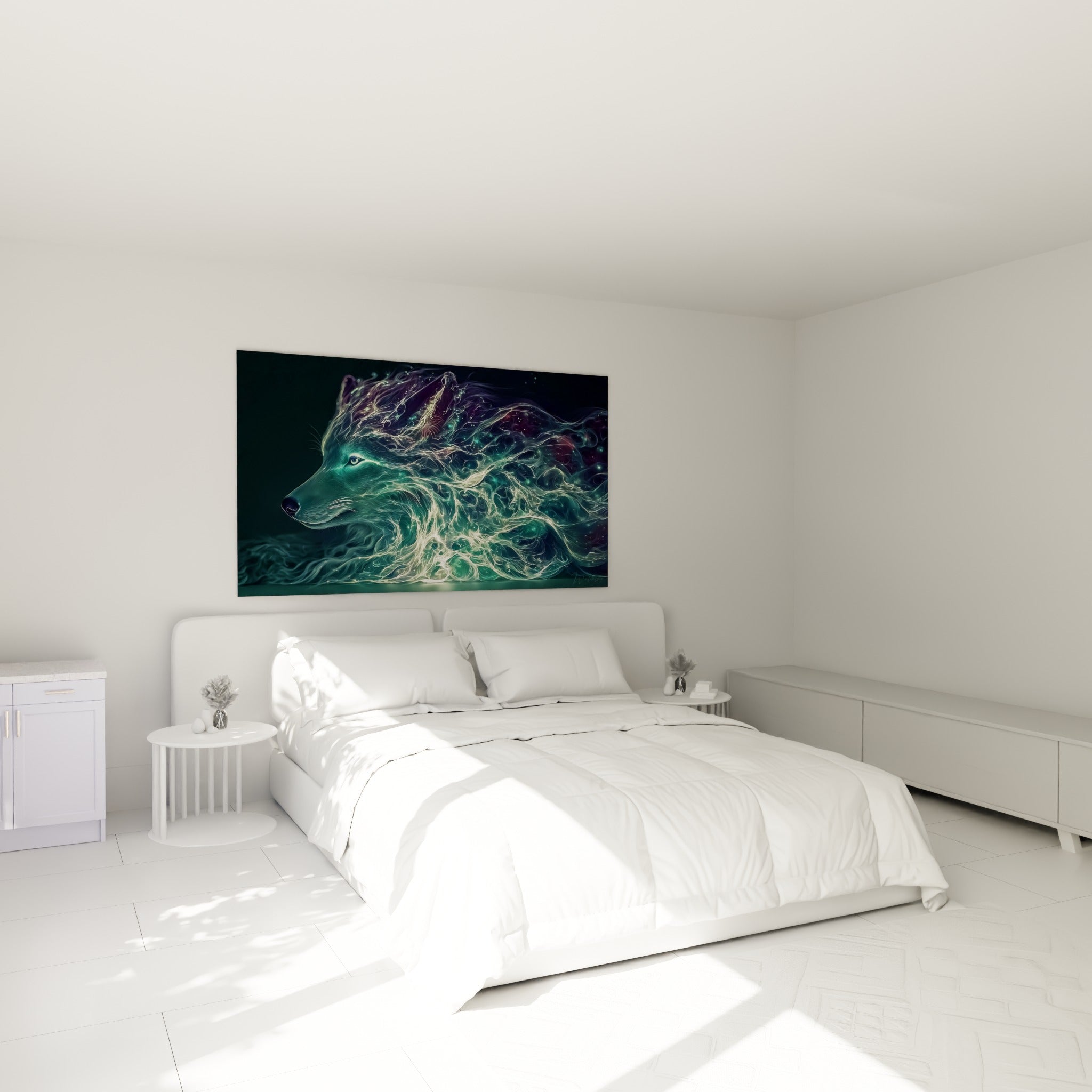 Silhouette de loup translucide vert et violet, accrochée au-dessus d'un lit dans une chambre claire