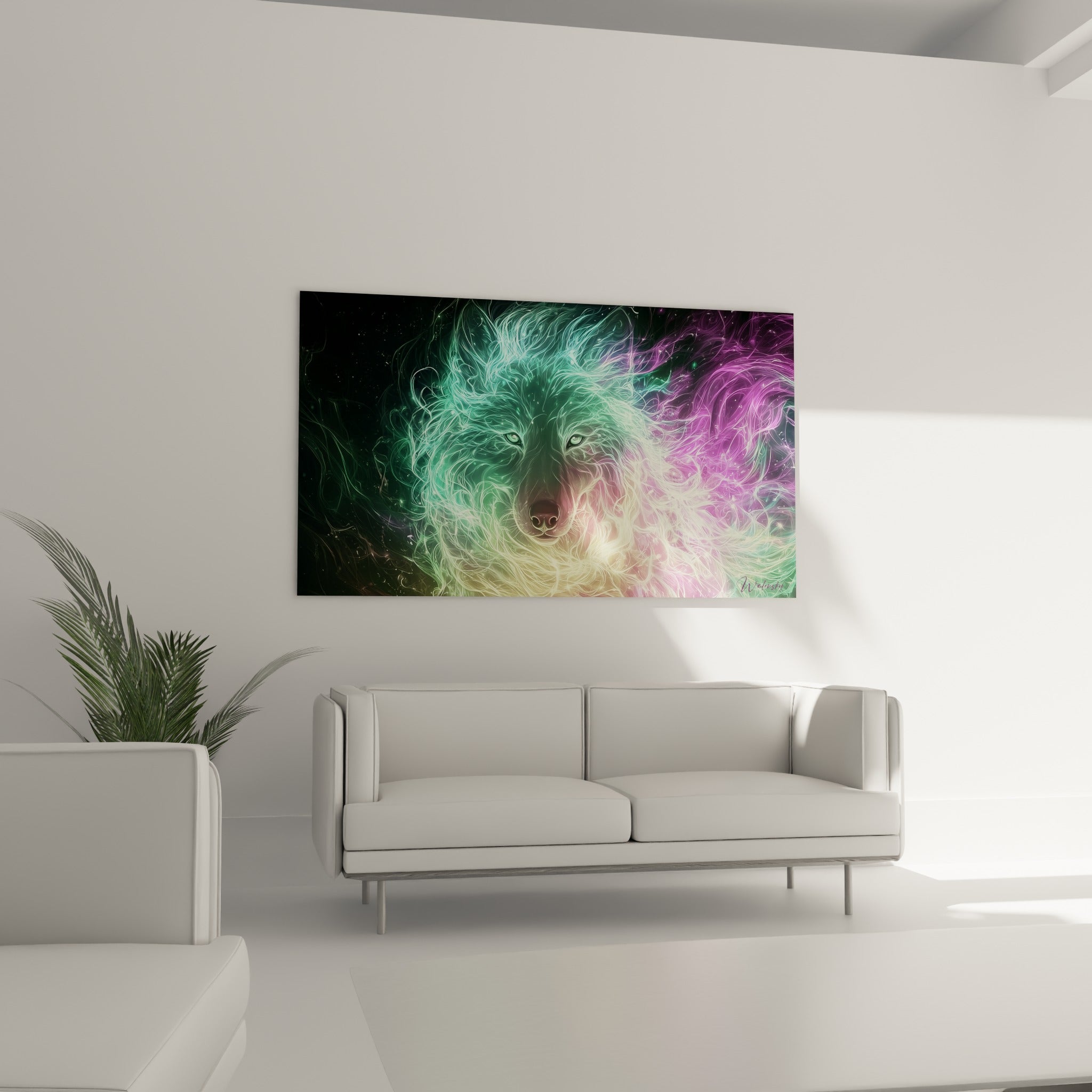 Yeux verts perçants d'un loup entouré de volutes violettes et vertes, au-dessus d'un canapé dans un salon lumineux