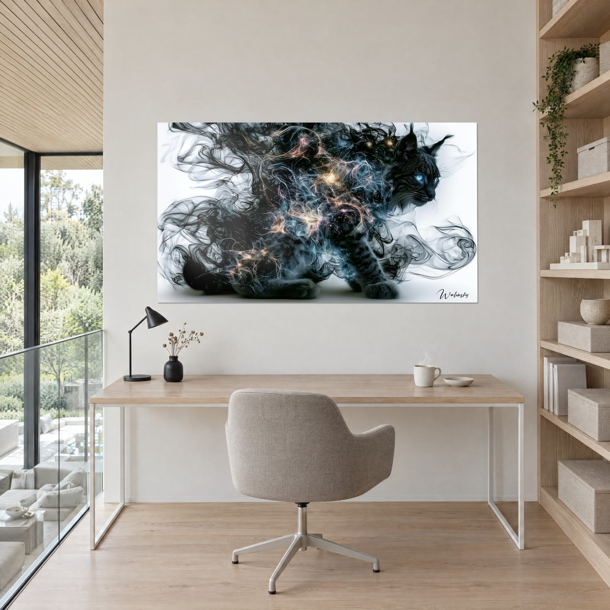 Quadro lince di fumo dallo sguardo turchese, riflessi dorati su fondo bianco puro, sopra una scrivania in legno chiaro