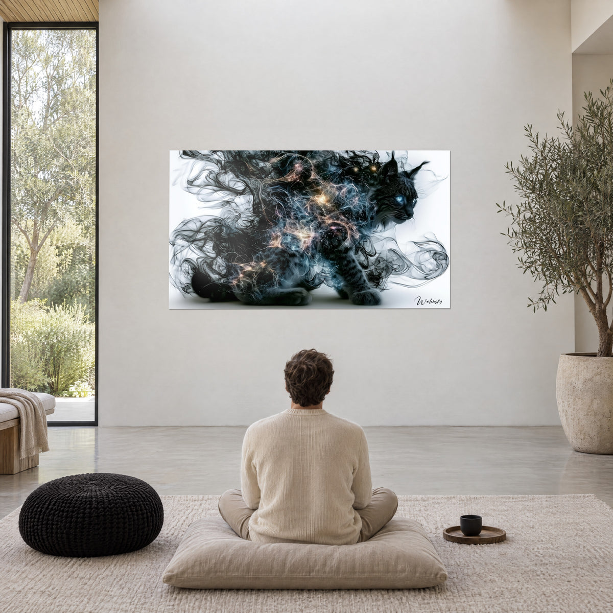 Quadro sagoma di lince stellata, vortici neri e bagliori arancioni, contemplata da un uomo seduto in meditazione