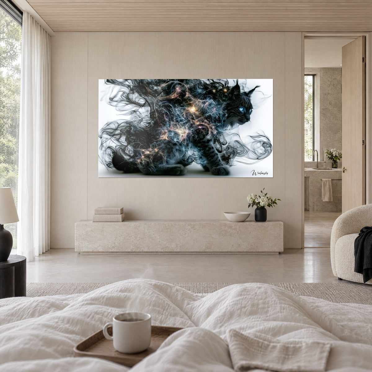 Quadro gatto selvatico spettrale, manto di fumo nero e nebulosa blu acciaio e oro, sopra un letto in una camera luminosa