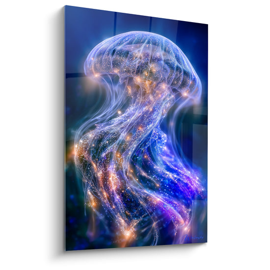 Méduse translucide bleu marine et dorée aux tentacules ondulants sur fond sombre spectral