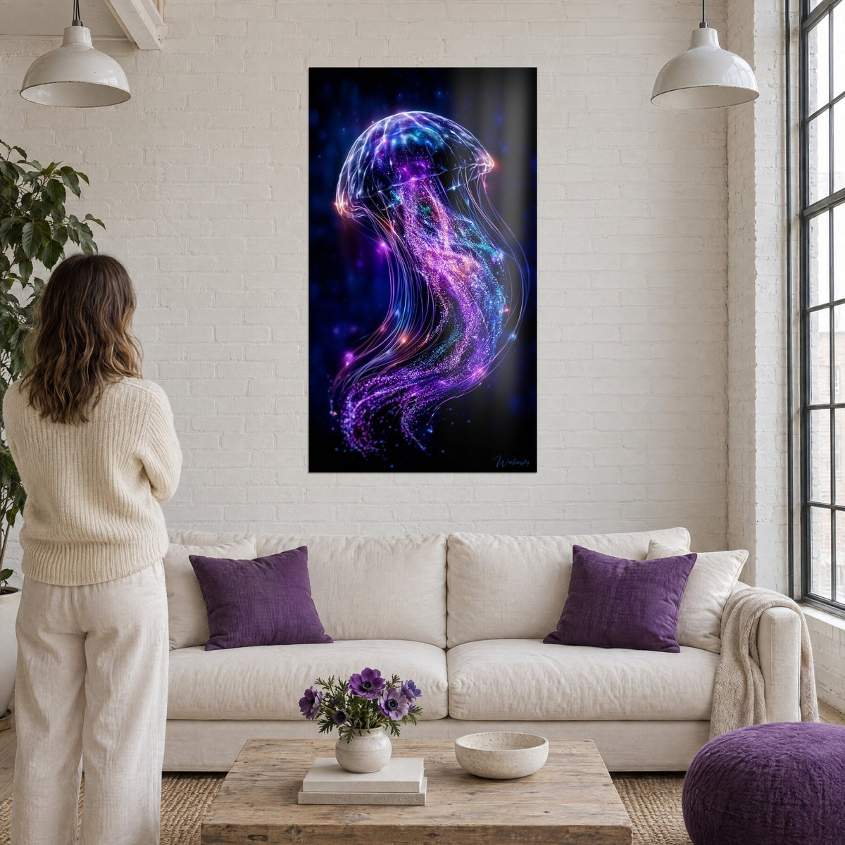 Tableau méduse lumineuse violet et bleu nuit, ombrelle translucide, tentacules étoilés, au-dessus d'un canapé dans un salon lumineux