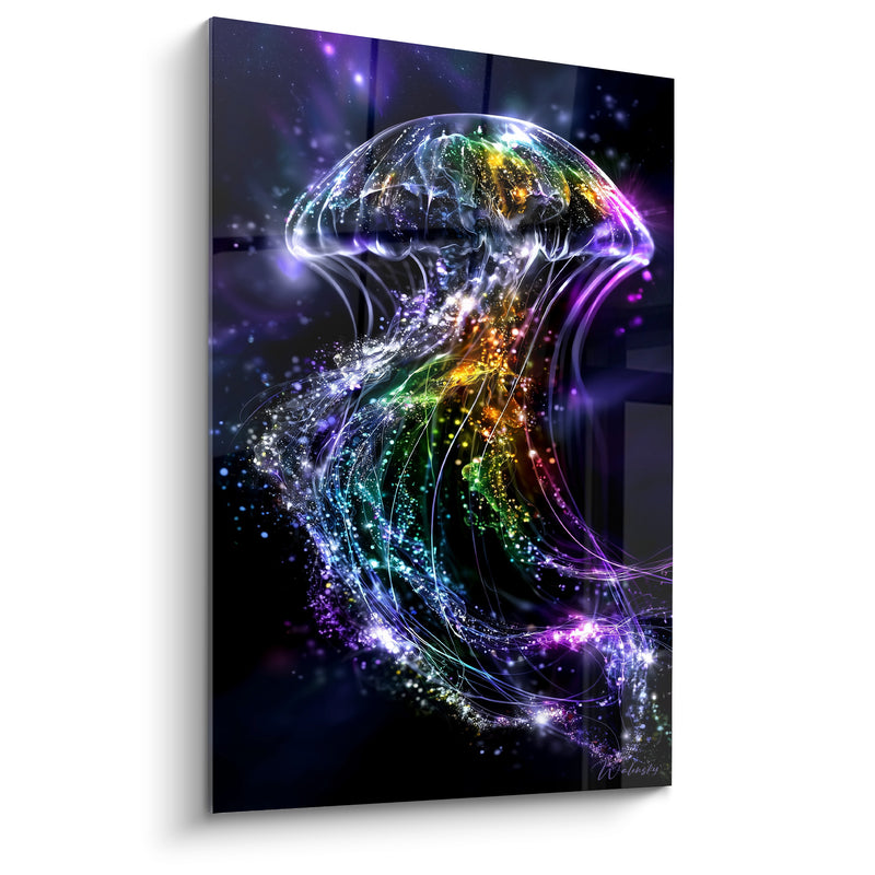 Tableau Méduse translucide aux tentacules multicolores scintillants - Ombrelle bombée constellée - Edition Animaux spectraux