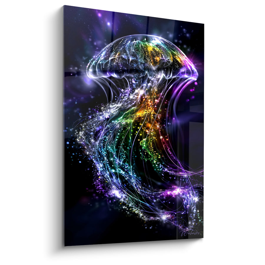 Translucent Medusa Painting with Sparkling Multicolored Tentacles - Domed Umbrella Constellation - Spectral Animals Edition