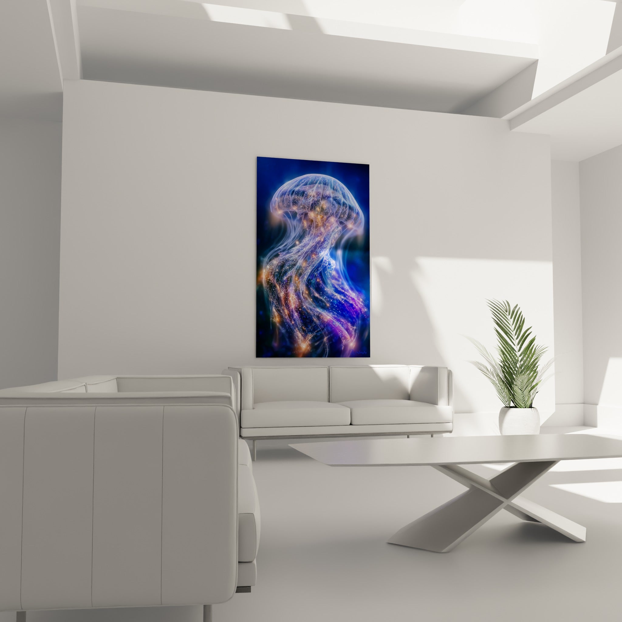 Silhouette spectrale bleutée aux reflets ambrés, au-dessus d'un canapé dans un salon lumineux