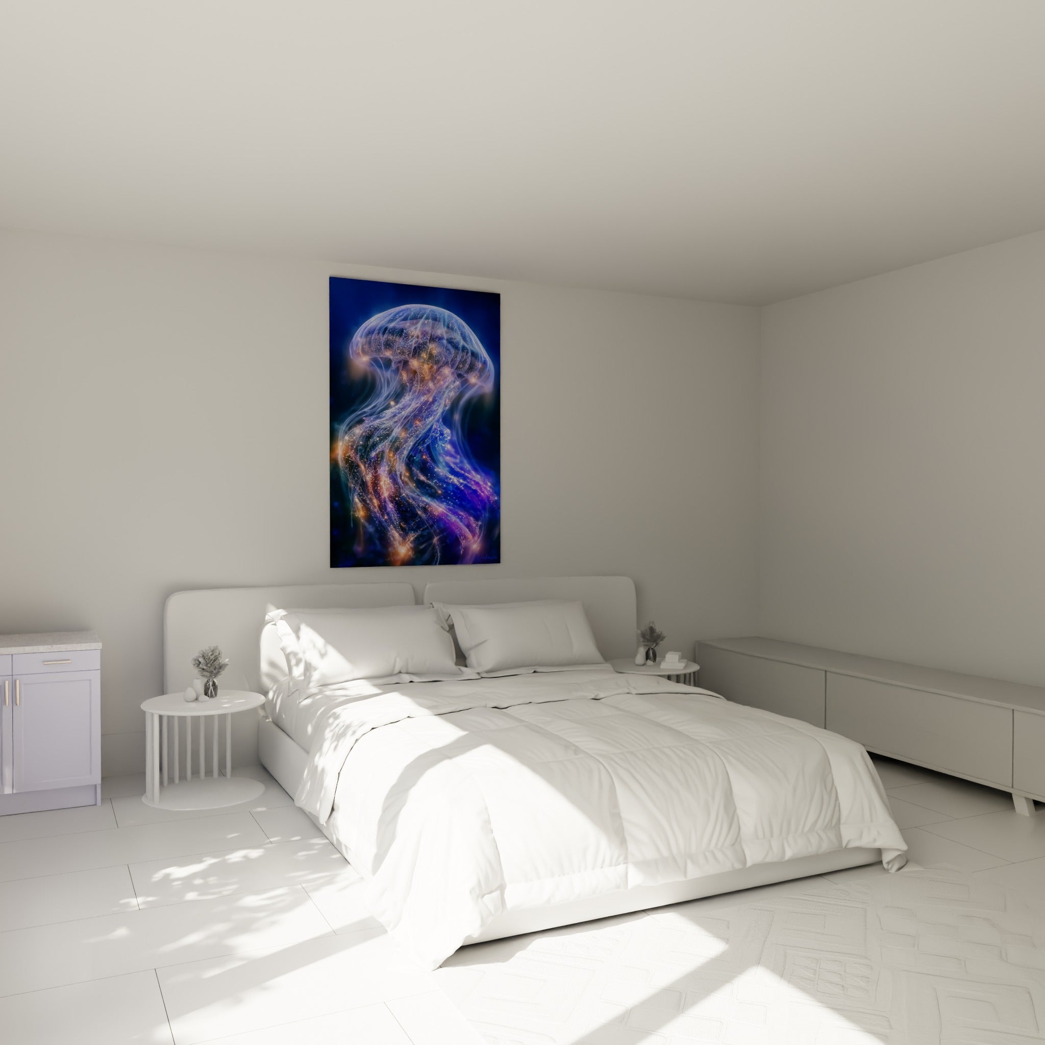 Créature marine violette et dorée aux filaments lumineux, au-dessus d'un lit dans une chambre claire