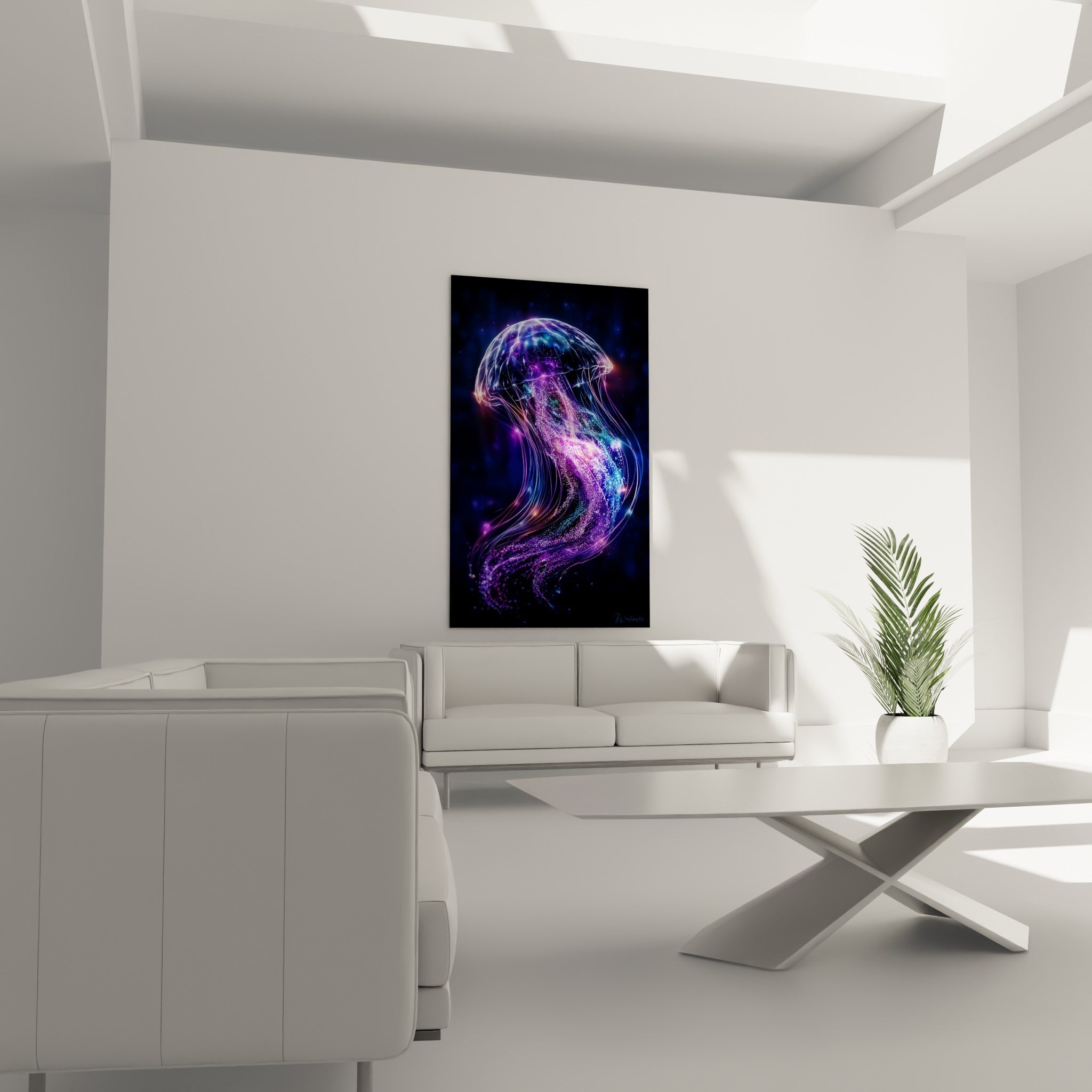 Méduse spectrale bleu nuit et violette scintillante, au-dessus d'un canapé dans un salon lumineux