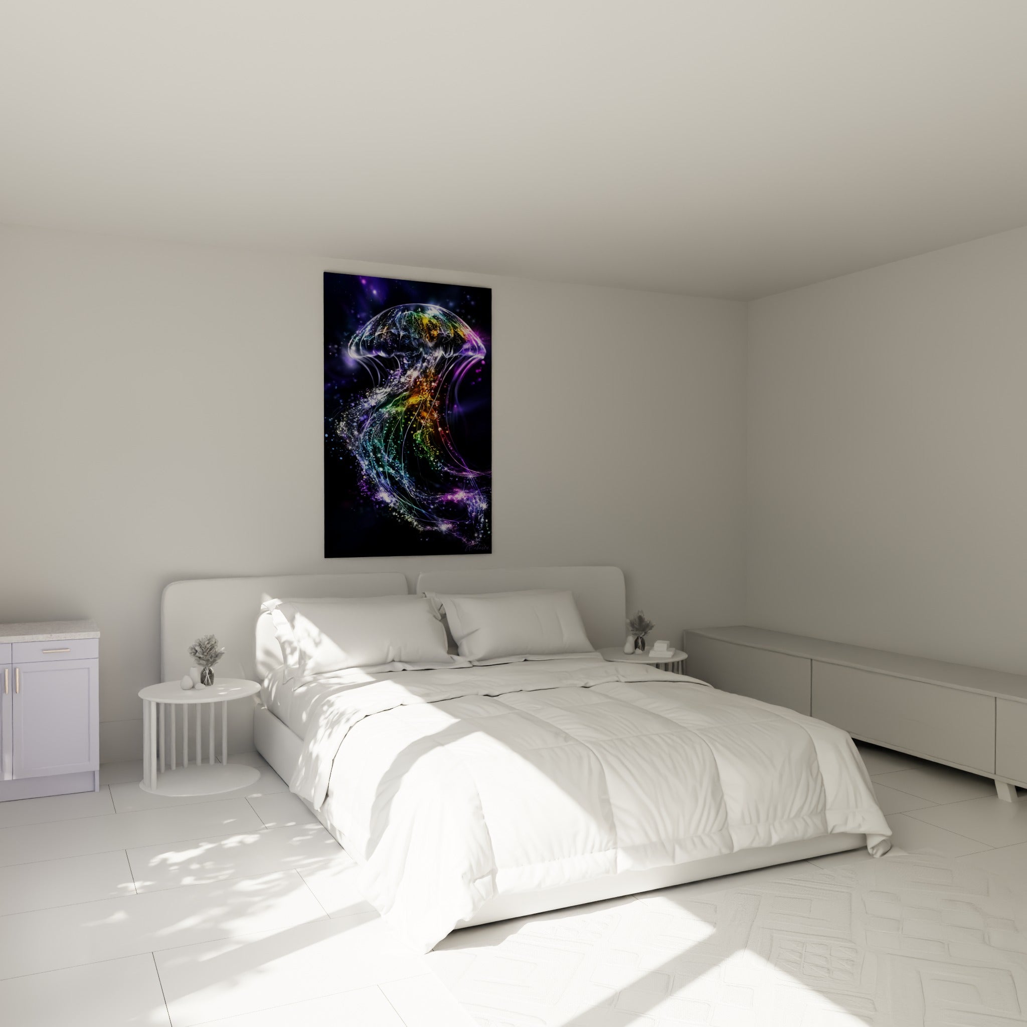 Créature marine turquoise et dorée illuminée, accrochée au-dessus d'un lit dans une chambre claire