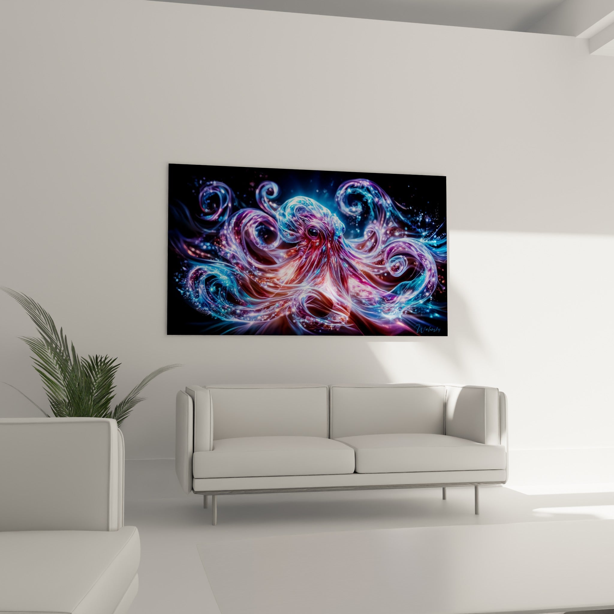 Pieuvre fumée violette et bleue en volutes lumineuses, tableau Animaux spectraux au-dessus d'un canapé dans un salon lumineux