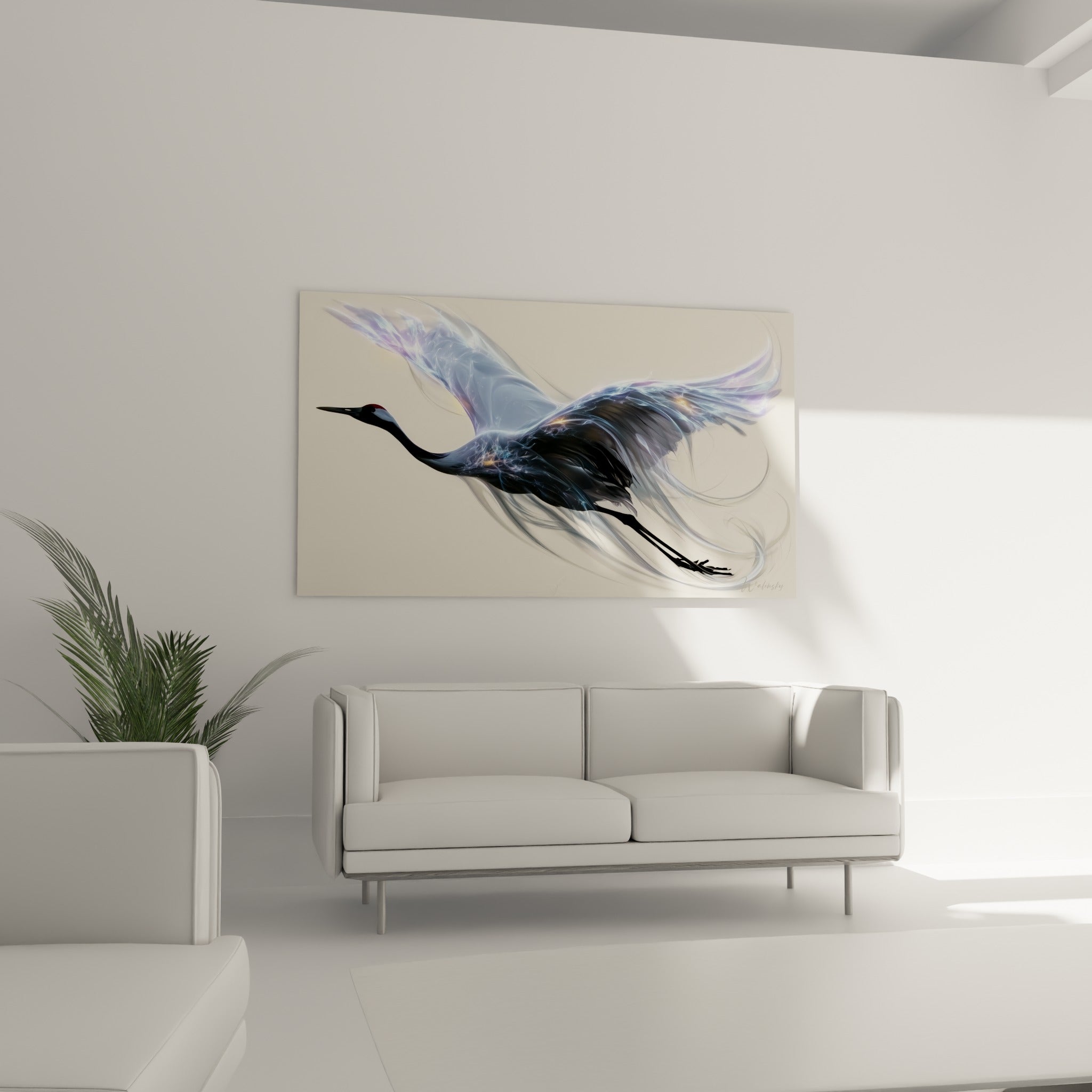 Oiseau spectral aux plumes bleu pastel et reflets dorés, au-dessus d'un canapé dans un salon lumineux