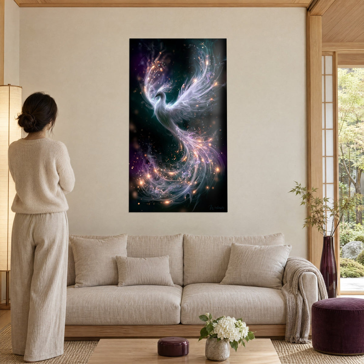 Tableau phénix blanc aux ailes déployées dans des volutes violettes et des étincelles orangées, au-dessus d'un canapé dans un salon lumineux