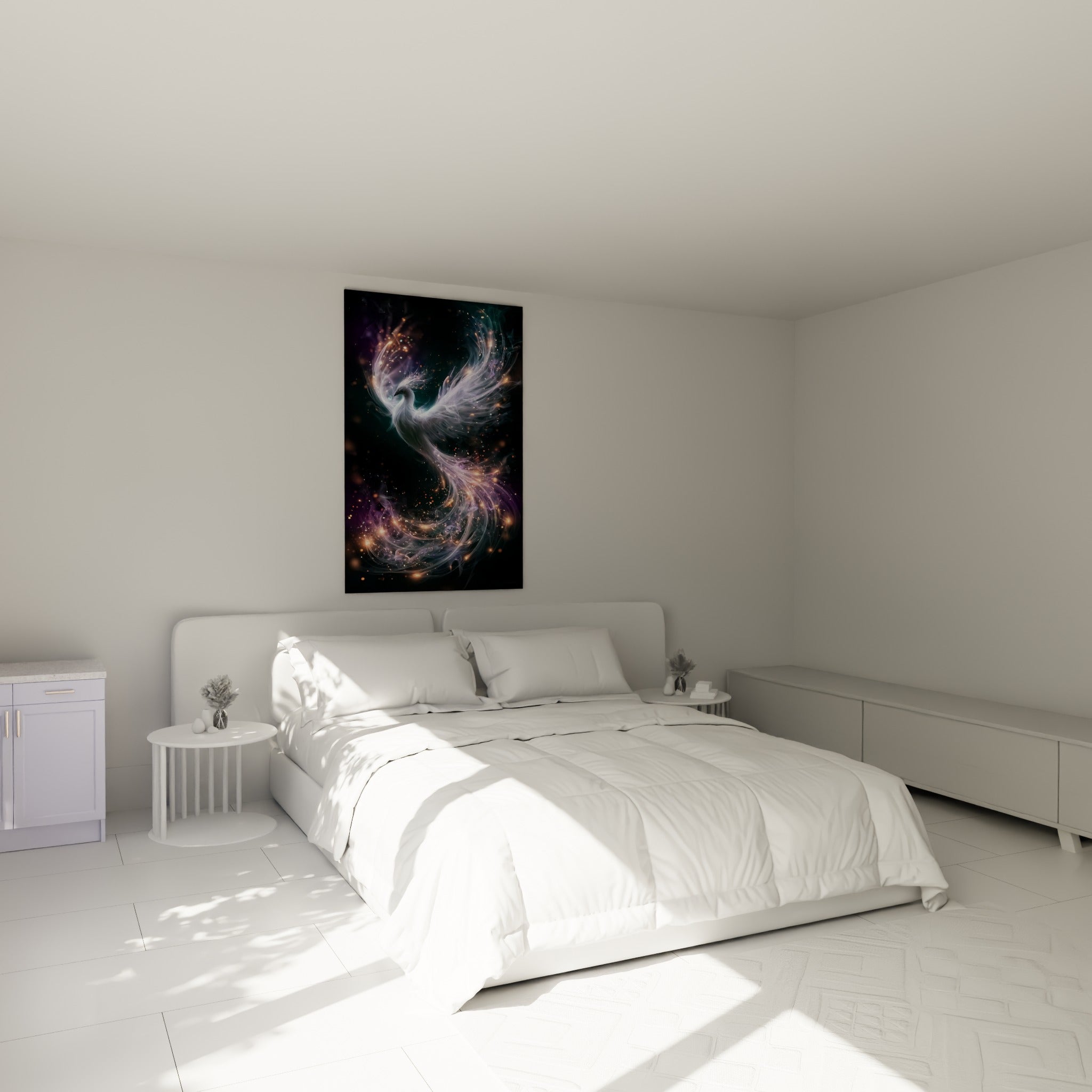 Oiseau spectral blanc et turquoise traversé d'étincelles dorées, au-dessus d'un lit dans une chambre claire