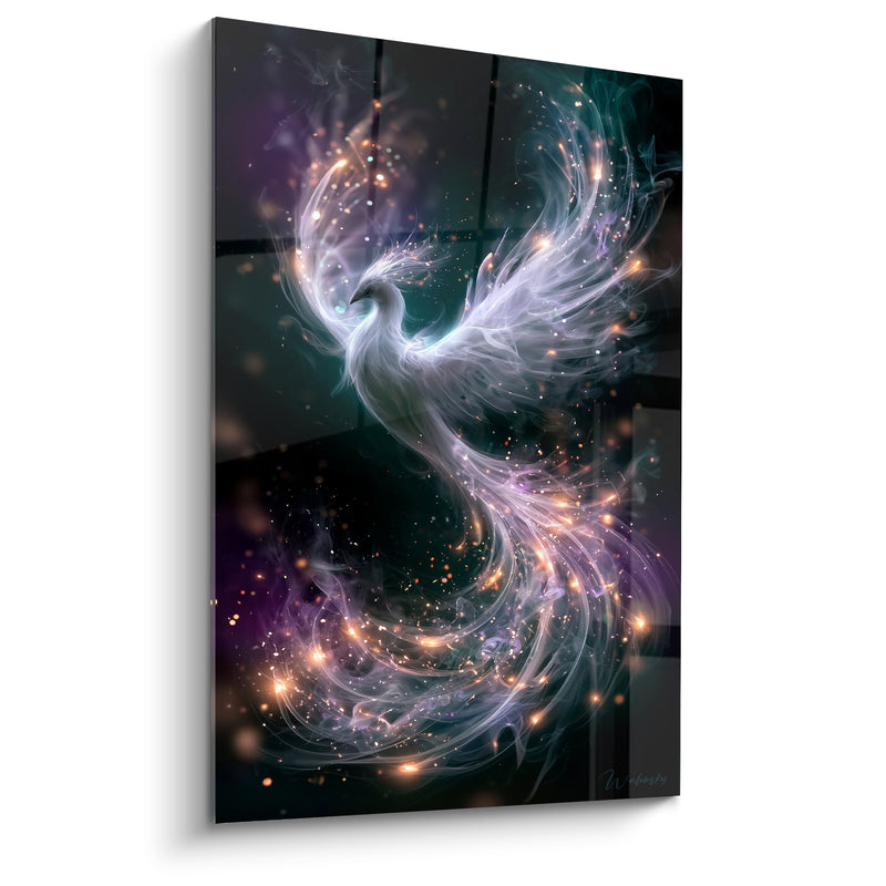 Tableau Phénix blanc aux volutes violettes - Envol céleste - Edition Animaux spectraux