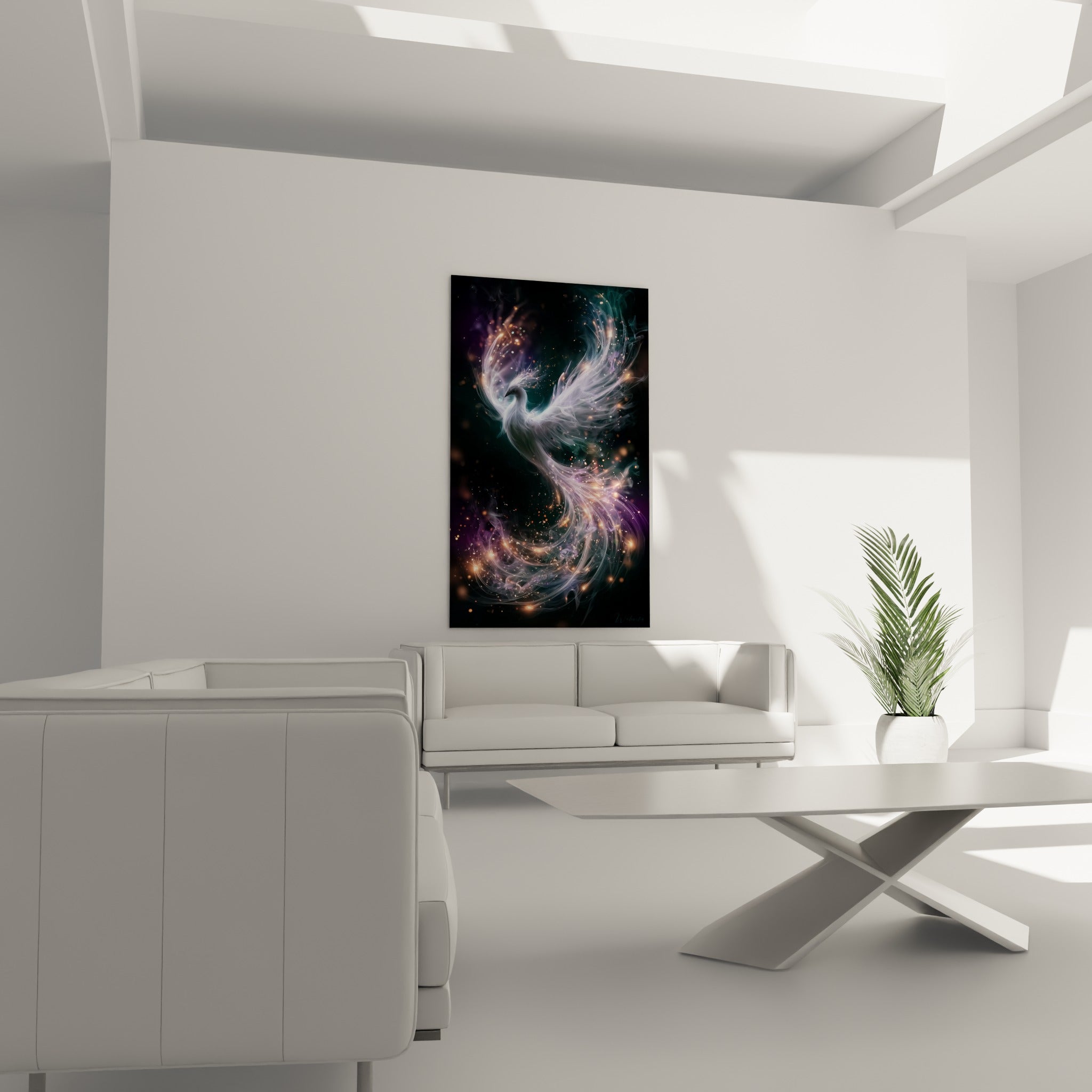 Créature lumineuse aux plumes violettes et blanches en spirale, au-dessus d'un canapé dans un salon lumineux