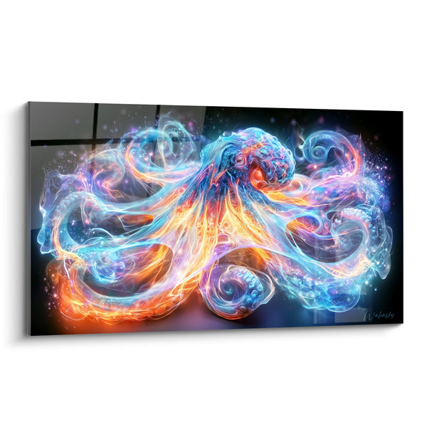 Cuadro Pulpo azul y naranja con tentáculos encendidos - Chispas cósmicas dispersas - Edición Animales espectrales