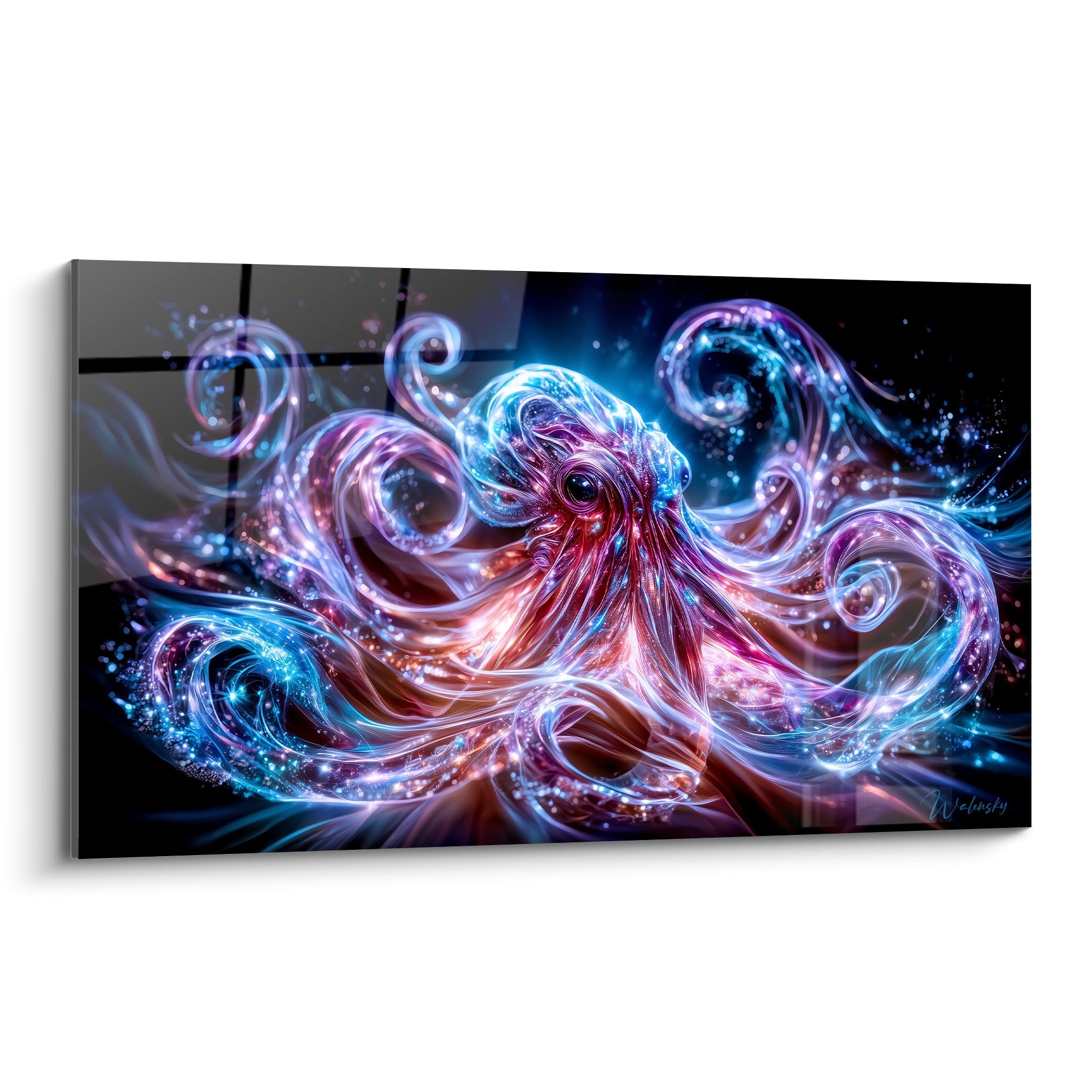 Poulpe spectral bleu et violet aux tentacules lumineuses sur fond noir profond, style Animaux spectraux