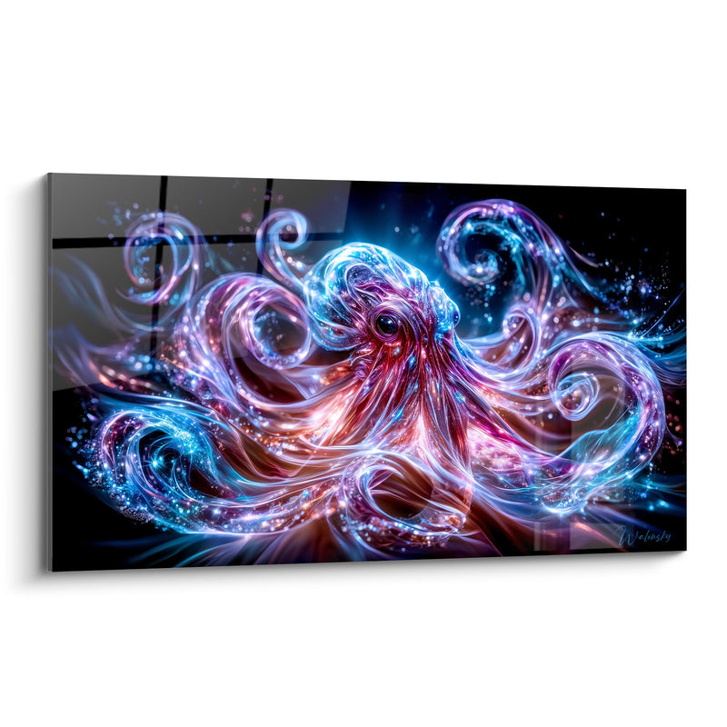 Red and Blue Octopus Painting with Swirling Tentacles - Piercing Dark Gaze - Spectral Animals Edition