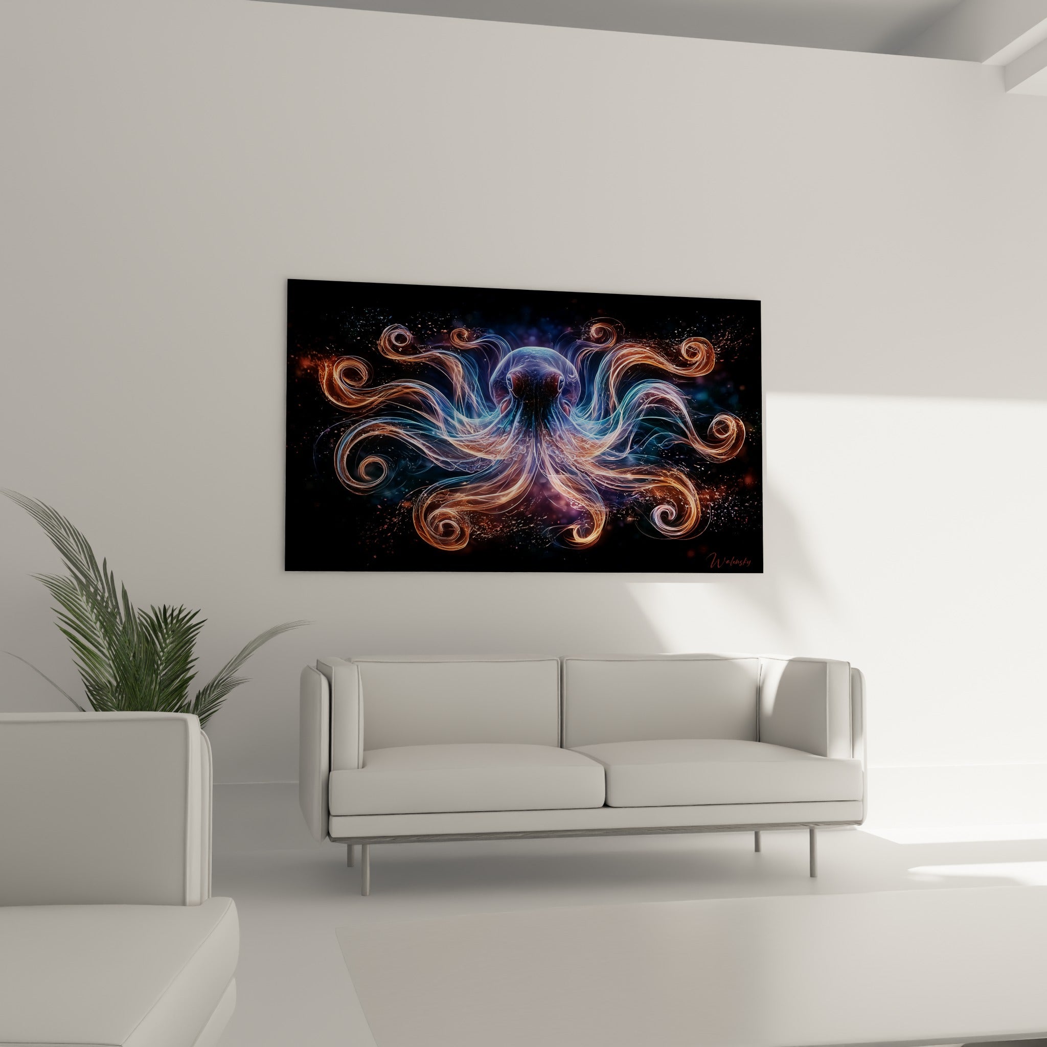 Tentacules cuivre et bleu marine enroulées en spirales au-dessus d'un canapé dans un salon lumineux
