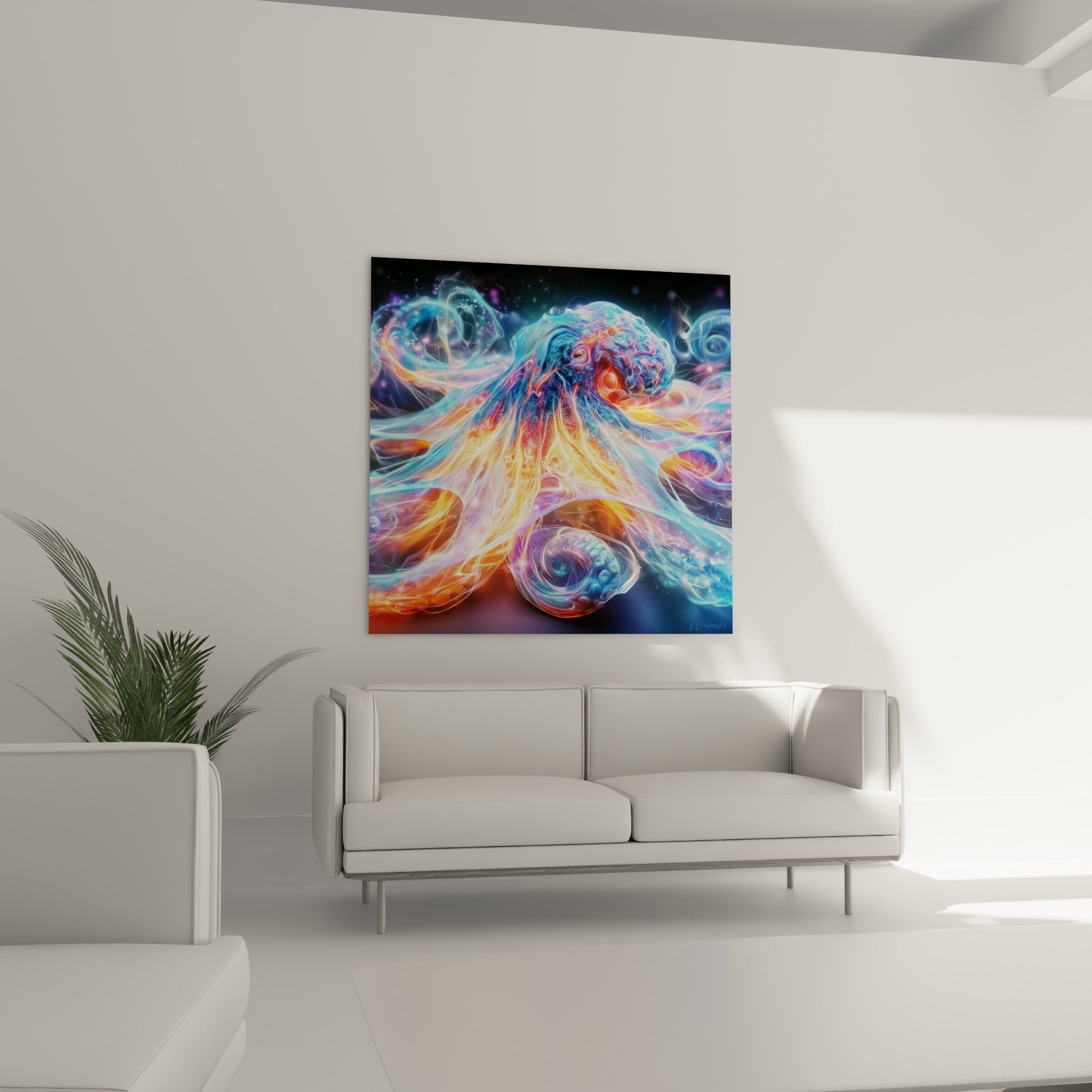Tentacules bleu électrique et orange fauve du poulpe spectral au-dessus d'un canapé dans un salon lumineux