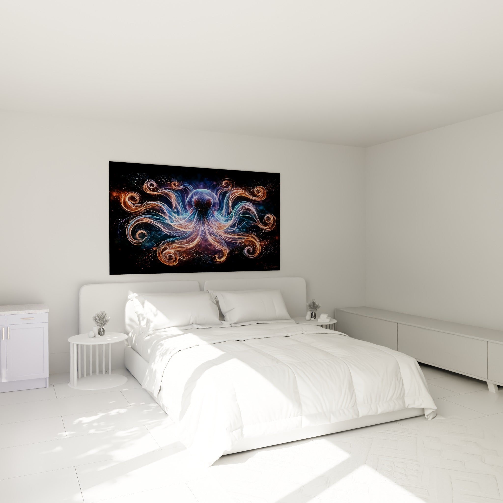 Créature marine bleu marine et cuivre en volutes lumineuses au-dessus d'un lit dans une chambre claire