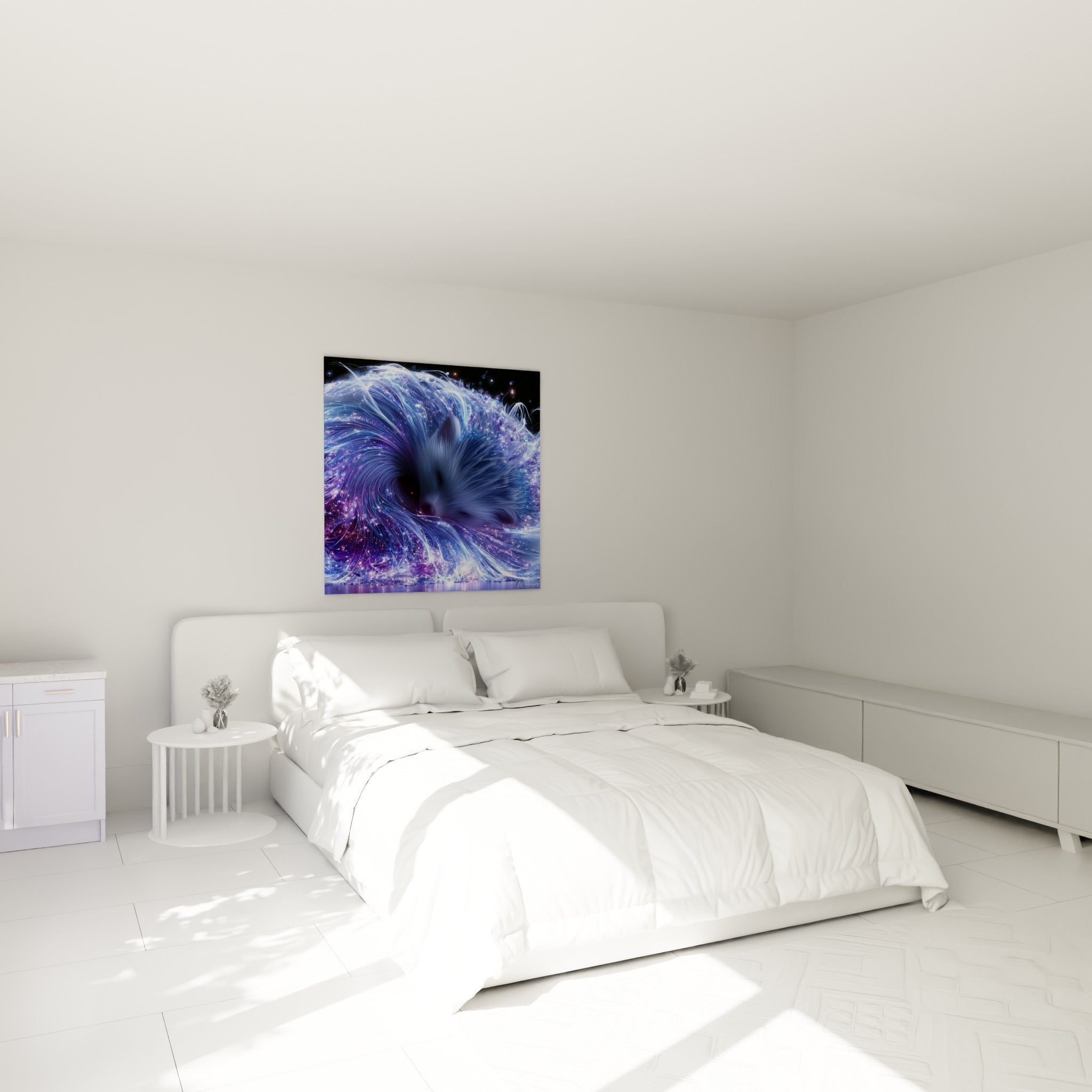 Silhouette de renard bleu marine et violet nichée dans des fils lumineux, au-dessus d'un lit dans une chambre claire