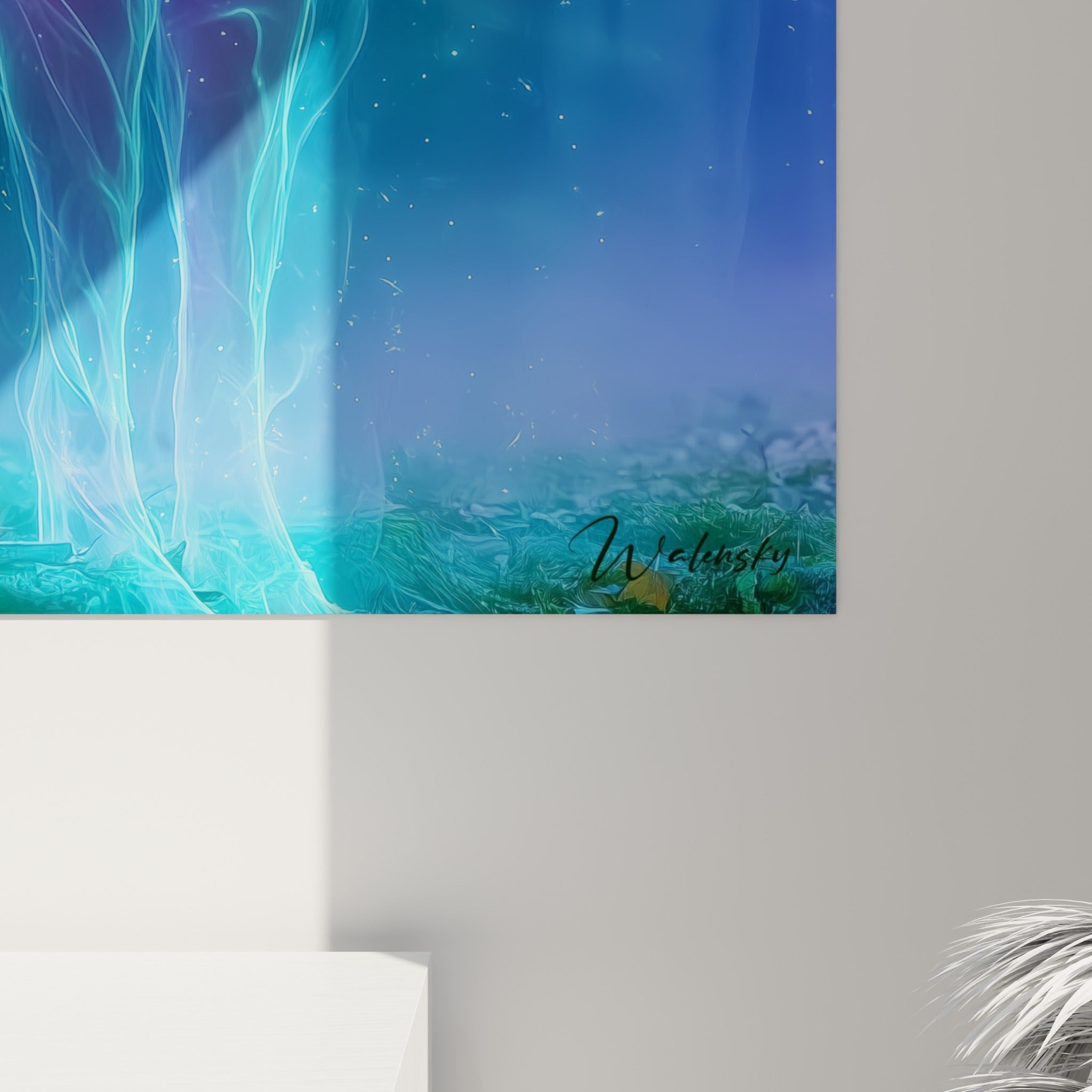Filaments lumineux turquoise et reflets violets détaillant la texture éthérée du cerf spectral imprimé