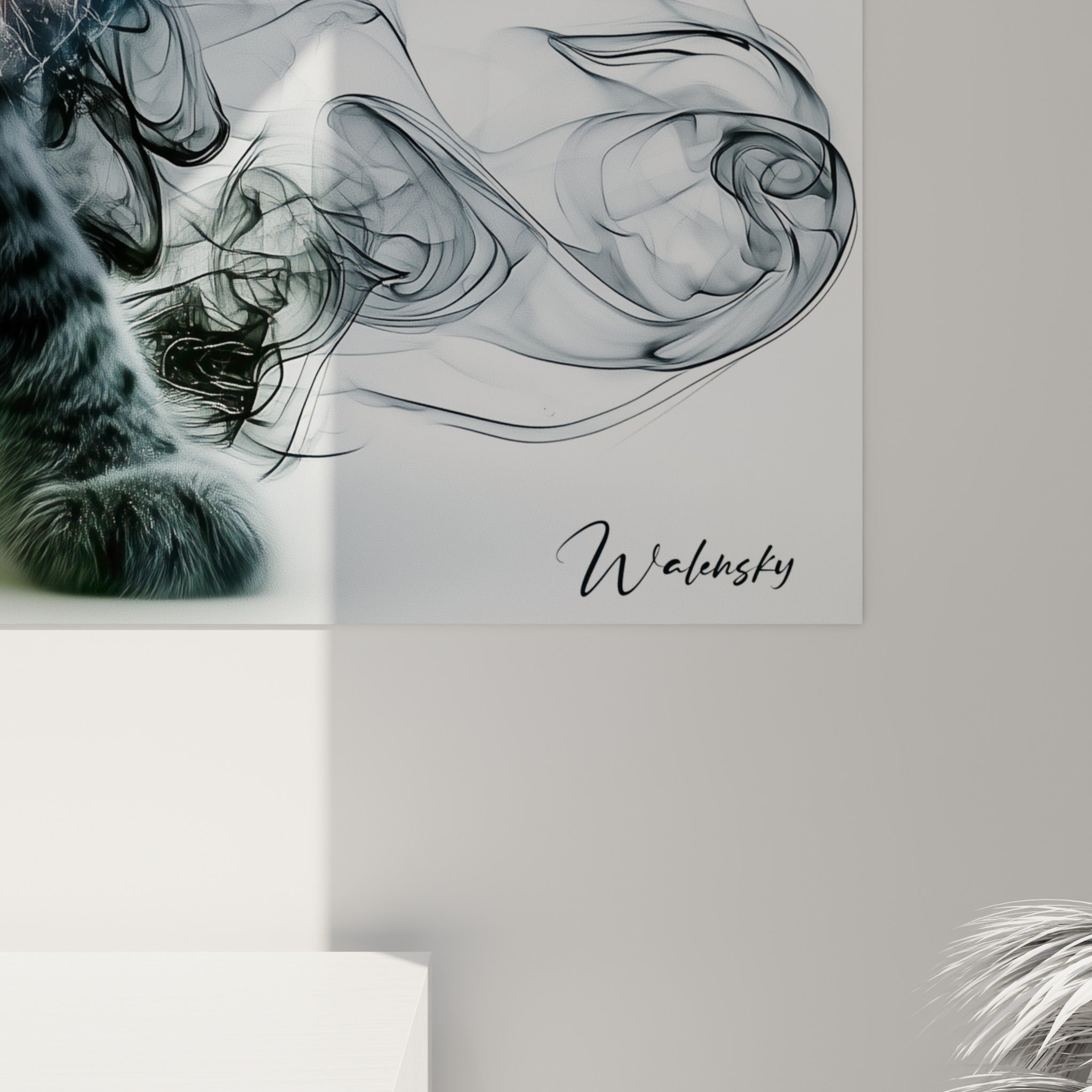 Détail des volutes noires et particules dorées formant le pelage du lynx, matière et grain de l'impression visibles