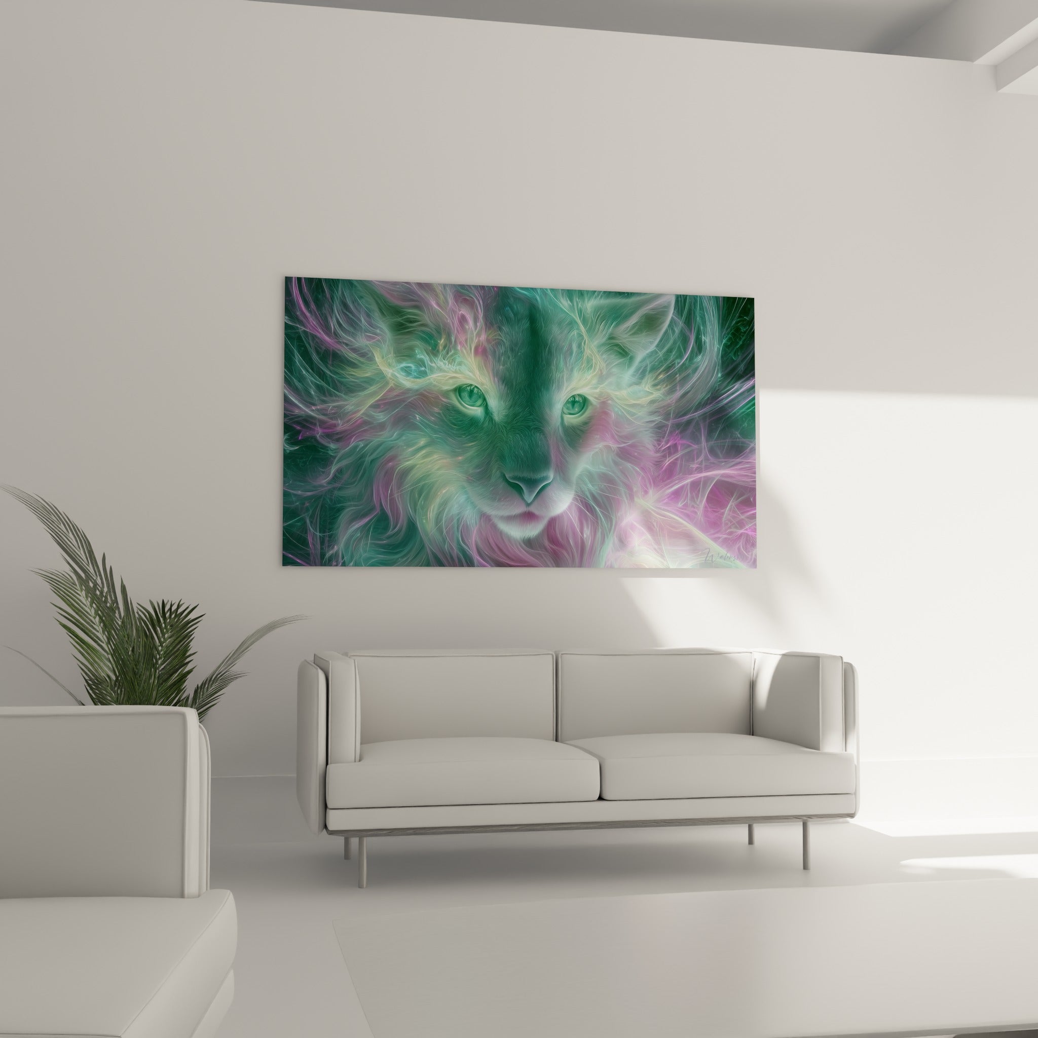 Visage félin fractal vert d'eau et fuchsia, mèches lumineuses fluides, au-dessus d'un canapé dans un salon lumineux