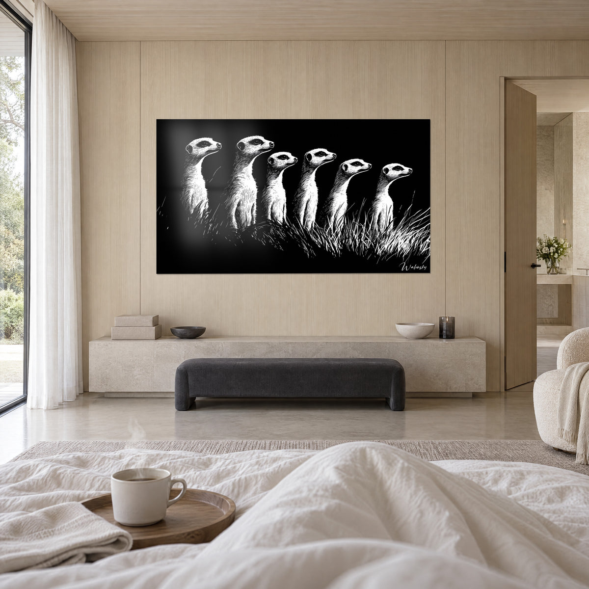 Cuadro pequeños centinelas del desierto en tinta blanca sobre fondo negro, hocicos alzados, encima de una cama en un dormitorio luminoso