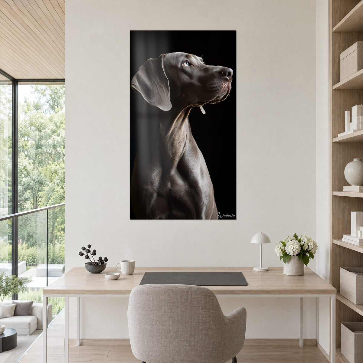 Πίνακας Weimaraner με σατινέ γκρι-καφέ τρίχωμα, ψηλά υψωμένο μπλε βλέμμα σε μαύρο φόντο, κρεμασμένος πίσω από γραφείο από λευκό και δρυ