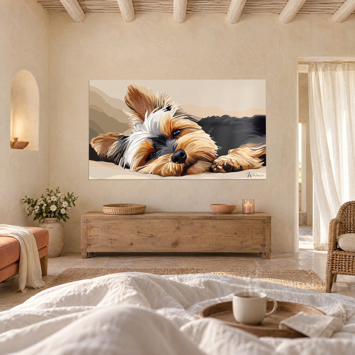 Πίνακας με νυσταγμένο κουτάβι yorkie, λευκές και καστανόξανθες τούφες, γυαλιστερό μαύρο μάτι, πάνω από κρεβάτι σε φωτεινή κρεβατοκάμαρα