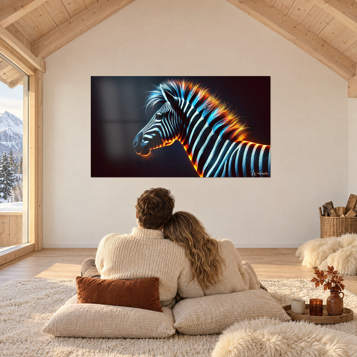 Obraz zebra oświetlona miedzianymi i kobaltowoniebieskimi refleksami pod drewnianą konstrukcją dachu, zakochana para objęta od tyłu na kości słoniowej poduszkach