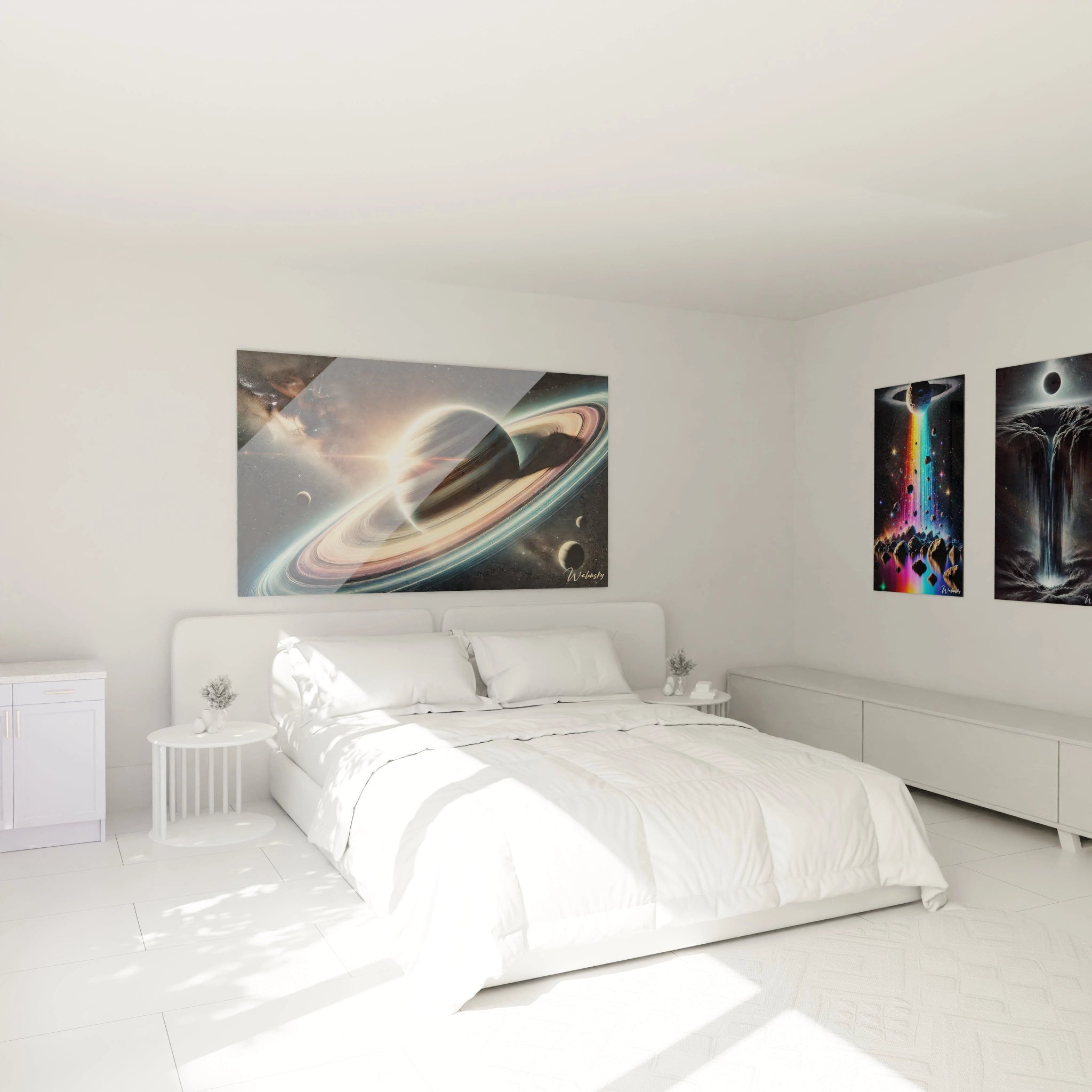 tableau espace dans une chambre ambiance apaisante anneaux de Saturne et lumière éthérée sublimant la sérénité

